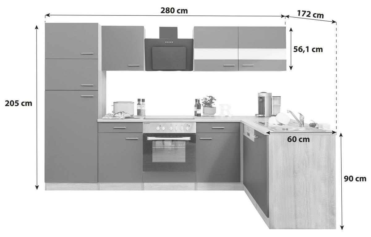 Küchenleerblock LBKBL280ESGS Grau/Eiche ca. 280x172 cm - Edelstahlfarben/Eichefarben, Basics, Holzwerkstoff/Metall (280cm) - Respekta