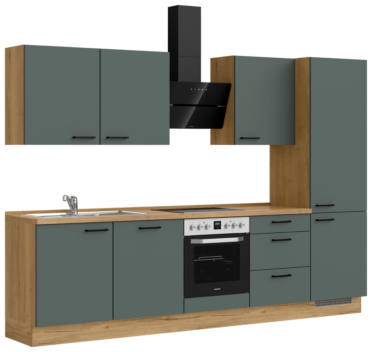 Küchenblock Easytouch High m. Geräten Dunkelgrün - Dunkelgrün/Eichefarben, MODERN, Holzwerkstoff/Metall (300cm) - Nobilia