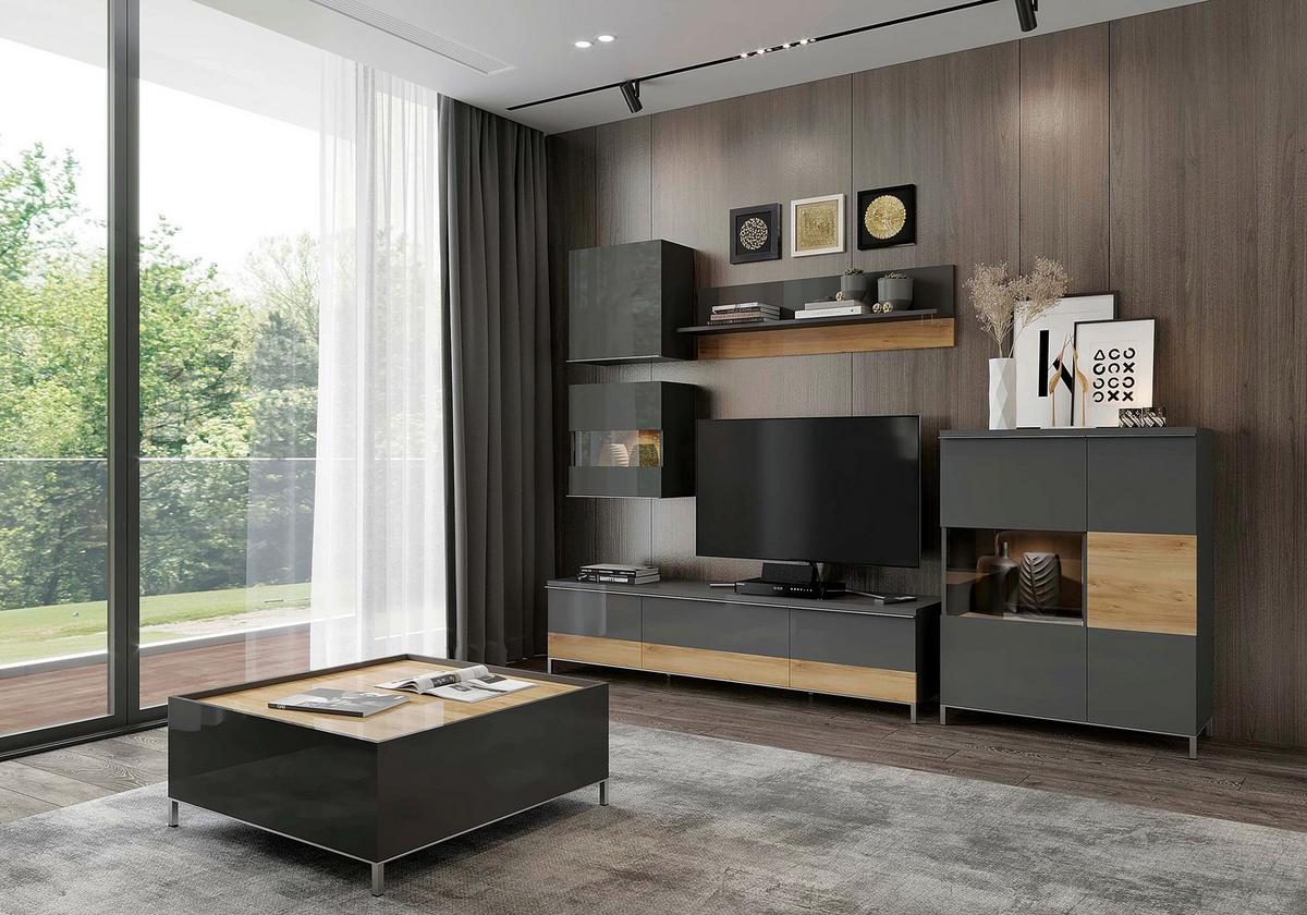 Tv-elem Onyx - krómszínű/diófa színű, Modern, faalapú anyag/fém (132/46/45cm)