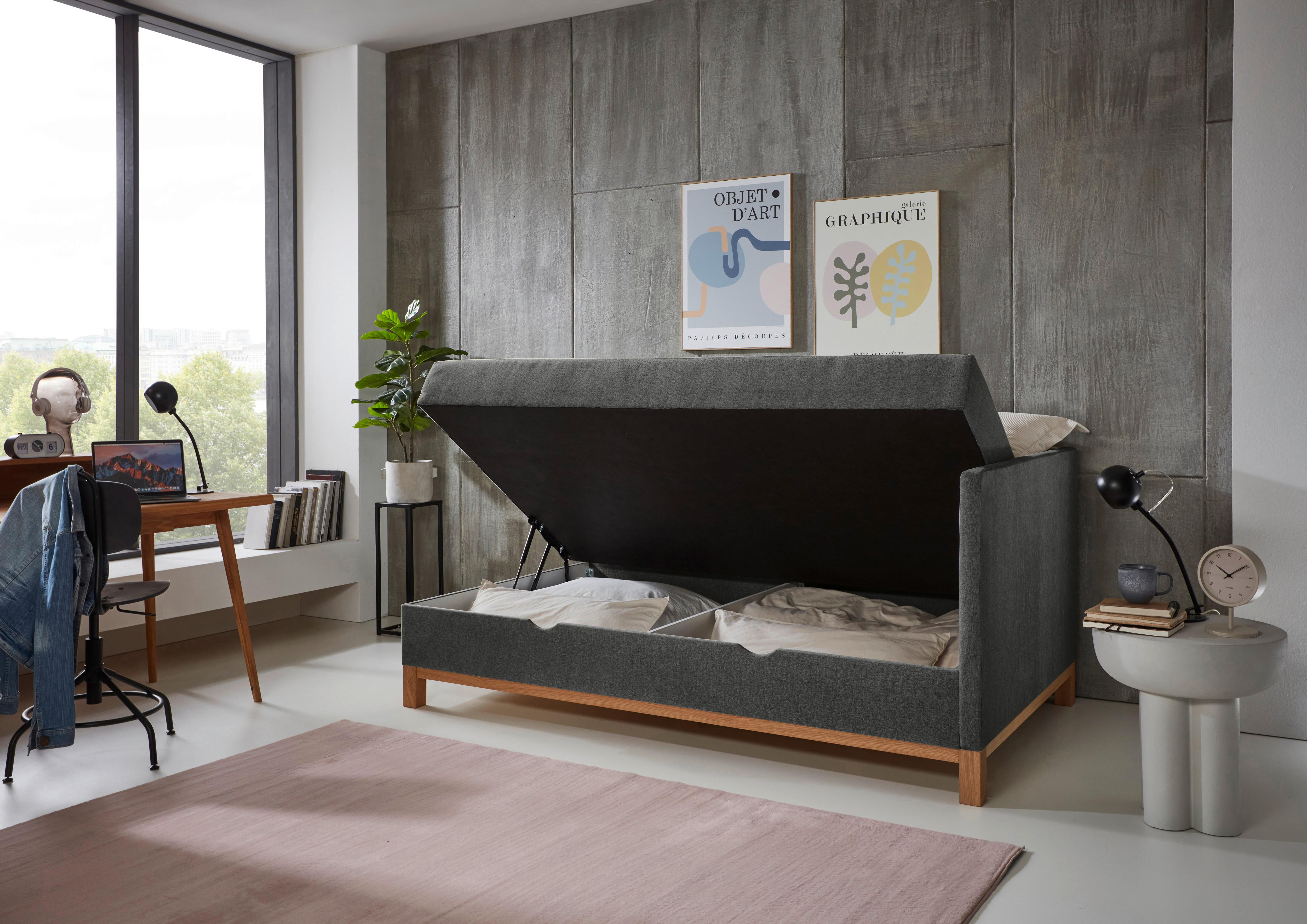 ŁÓŻKO SKRZYNIOWE SANTOS - kolor dębowy/antracytowy, Design, tkanina/drewno (90/200cm) - Boxxx
