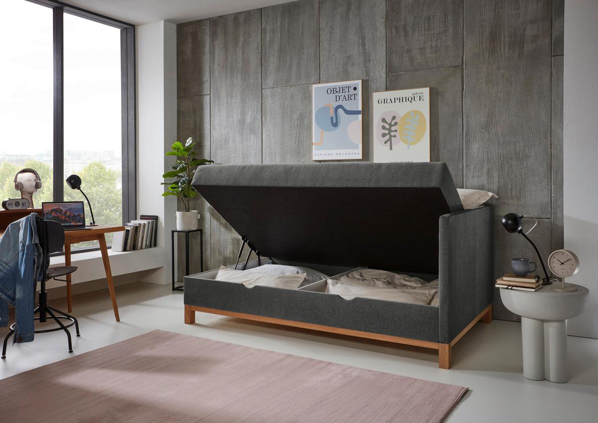 ŁÓŻKO SKRZYNIOWE SANTOS - kolor dębowy/antracytowy, Design, tkanina/drewno (90/200cm) - Boxxx