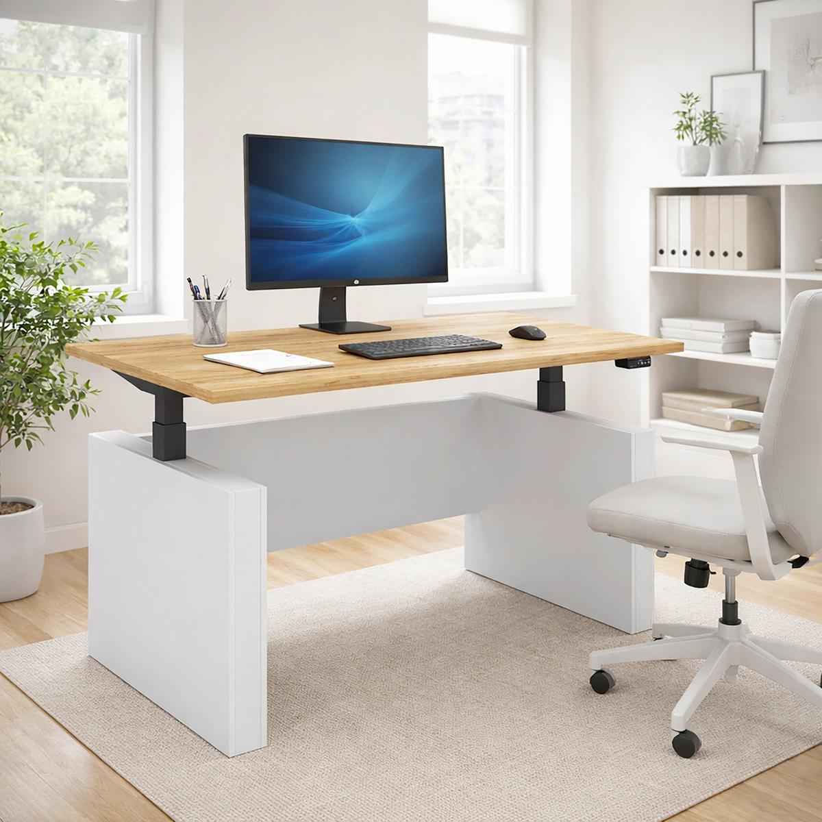 Schreibtisch E-Salia - Honigeiche/Weiss, Konventionell, Holzwerkstoff/Metall (138/80/73-122cm) - MID.YOU