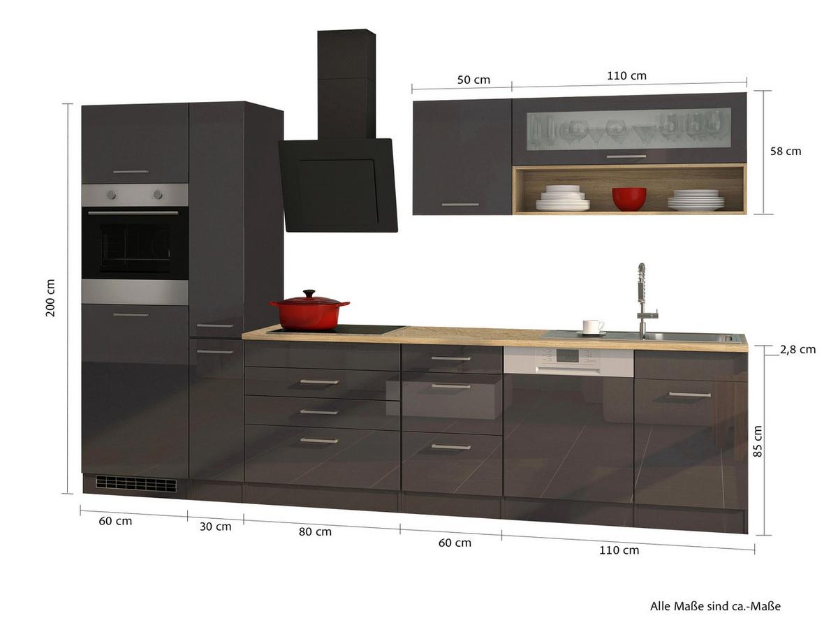 Küchenleeblock Mailand o. Geräte Graphitfarben - Silberfarben/Graphitfarben, MODERN, Holzwerkstoff/Metall (330cm) - Held