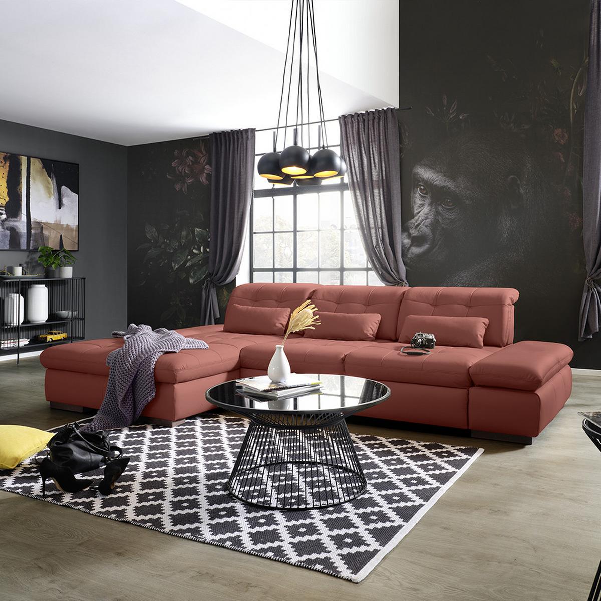 Wohnlandschaft Sanfino Leder Weinrot - Chromfarben/Weinrot, KONVENTIONELL, Leder/Metall (199/79-96/305cm) - Premium Living