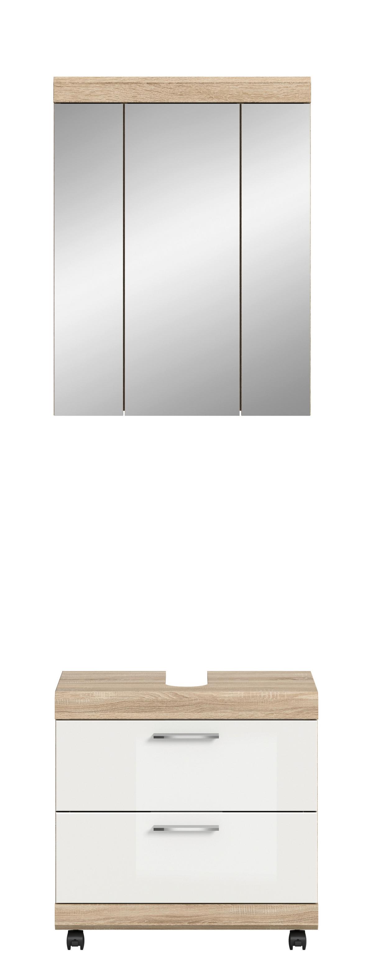 Badezimmer Lambada Sonoma Eiche/Weiß HG 2-teilig - Weiß Hochglanz/Silberfarben, Trend, Glas/Holzwerkstoff (60cm) - MID.YOU