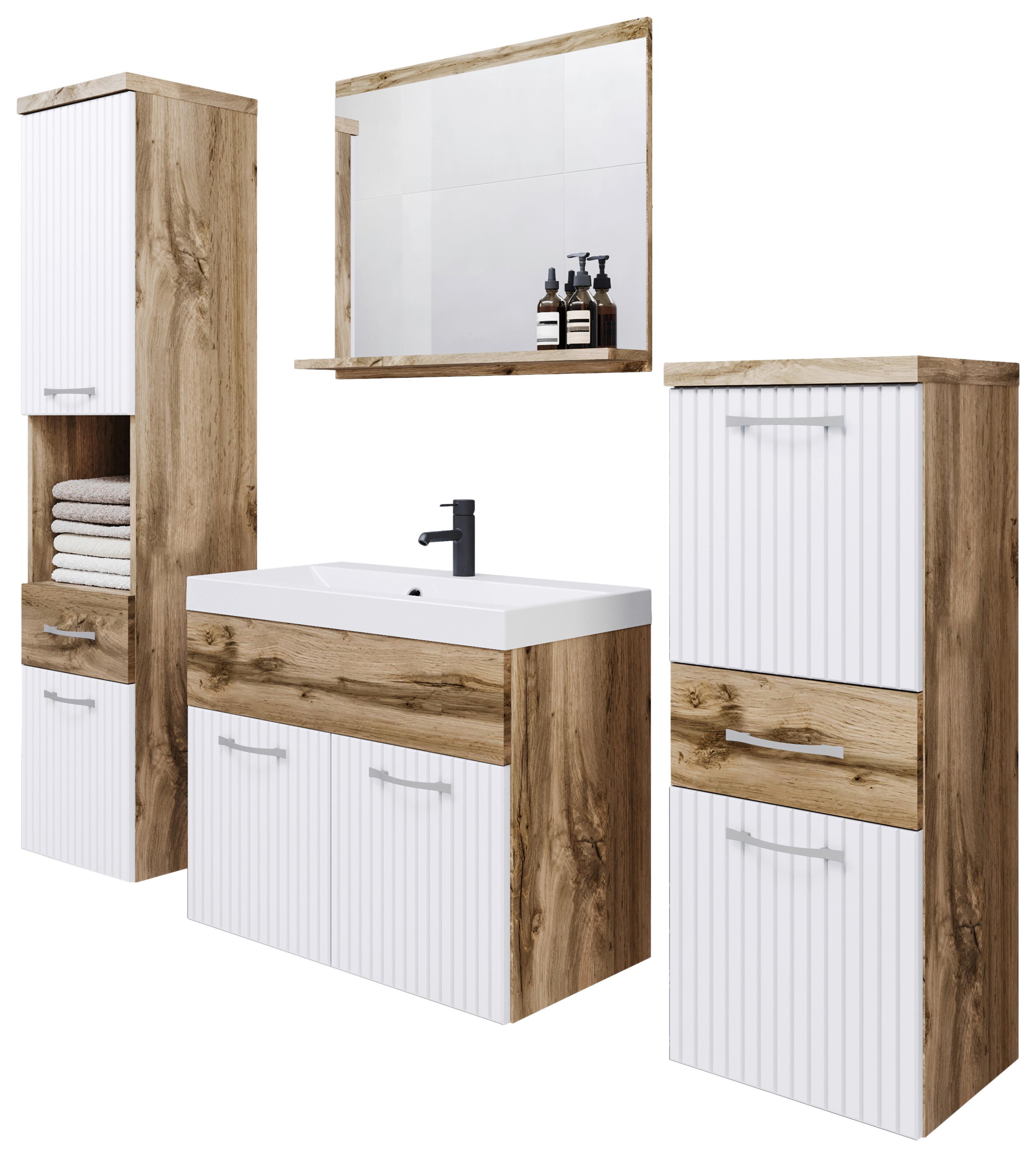 Badmöbel-Set 5-tlg. Alba ca. 140 cm Weiß/Eiche Wotan - Eiche Wotan/Weiß, LIFESTYLE, Holzwerkstoff/Metall (120cm) - P & B