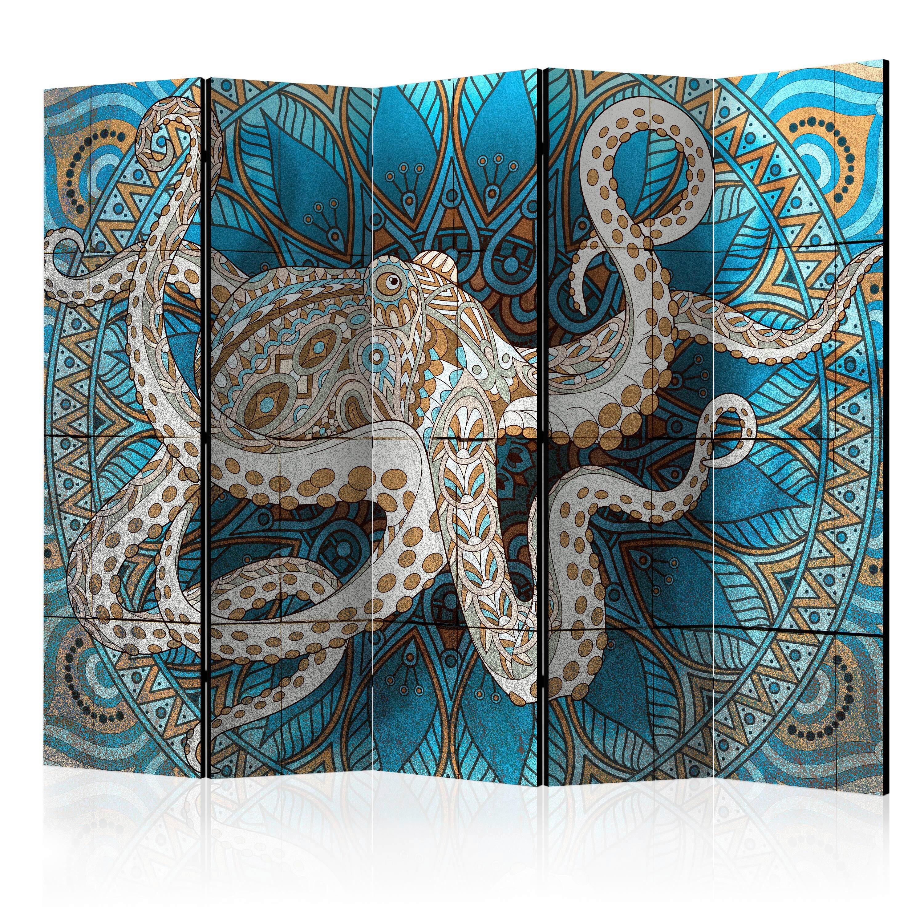 Paravan Zen Octopus I, 5-Delni, Dvostranski - modra/rjava, Moderno, tekstil/les (225/172/3cm) - artgeist