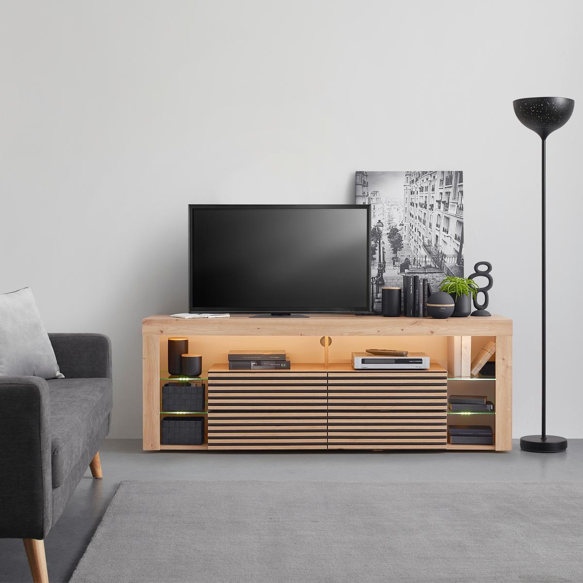 Lowboard Goal 2.0 Eiche Artisan - Schwarz/Eiche Artisan, Modern, Glas/Holzwerkstoff (180/67/44cm) - Mömax