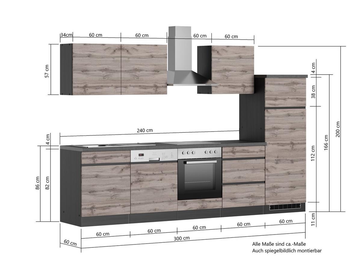 Küchenzeile Turin mit Geräten ca. 300 cm Grau/Wotaneiche - Eiche Wotan/Grau, Design, Holzwerkstoff (300cm) - Held