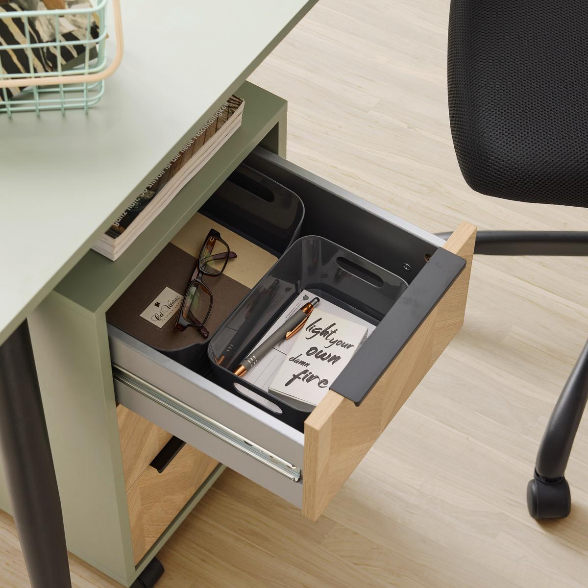 Rollcontainer Piazza Grün/Eichefarben - Eichefarben/Schwarz, MODERN, Holzwerkstoff/Kunststoff (32,60/59,7/39,10cm) - Mömax
