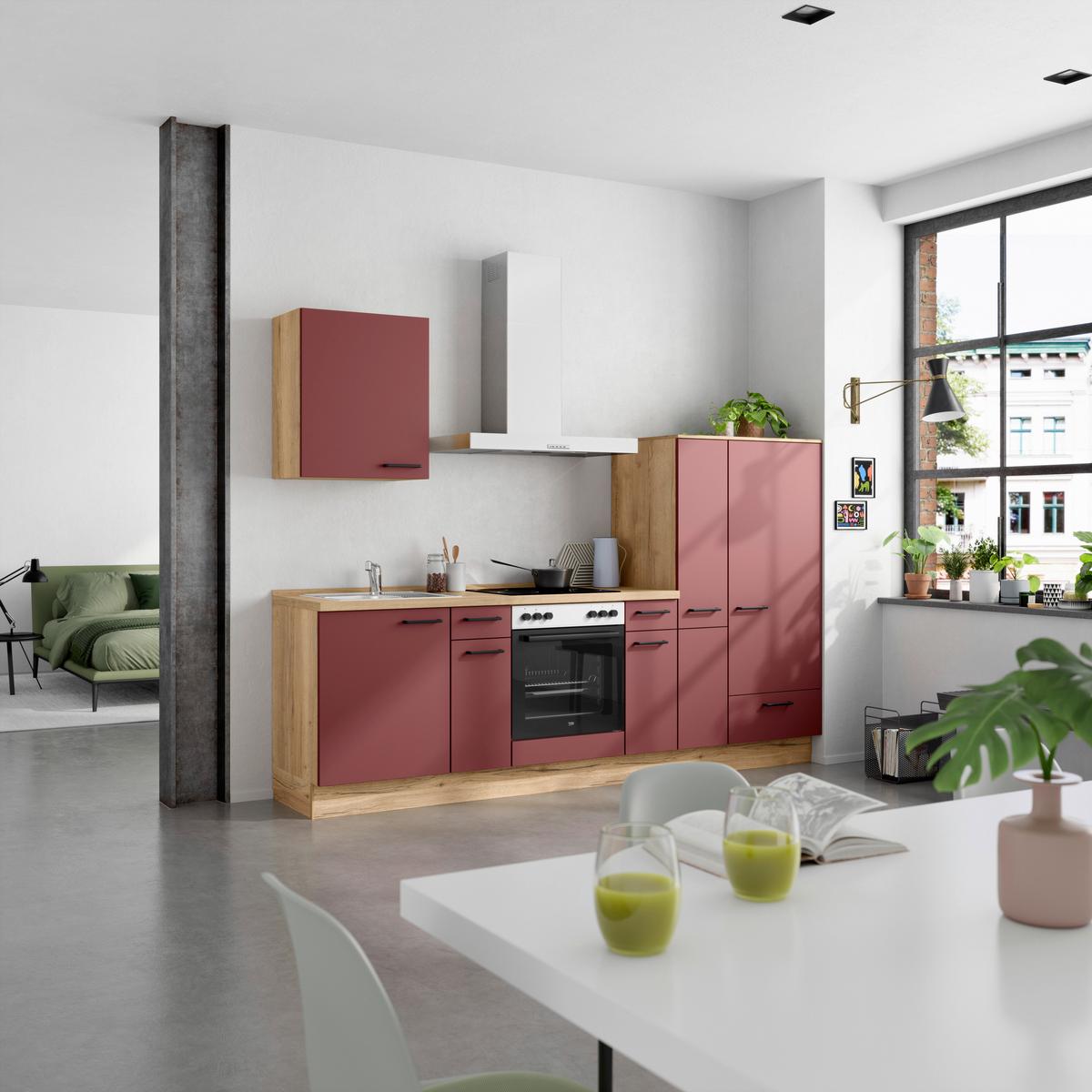Küchenblock Easytouch Low m. Geräten Dunkelrot - Eichefarben/Schwarz, MODERN, Holzwerkstoff/Metall (270cm) - Nobilia