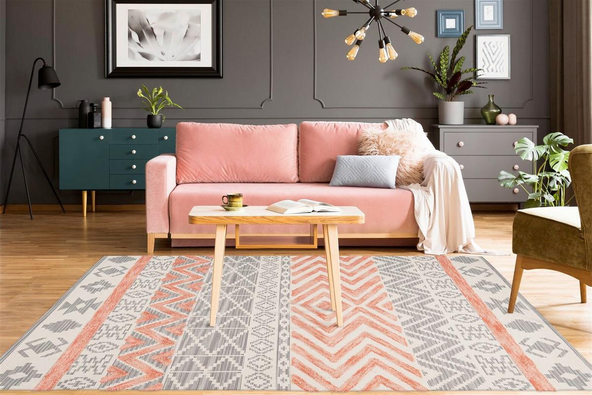 FLACHWEBETEPPICH ETHNIE 100 GRAU/APRICO 200X290 - Koralle/Grau, Design, Textil (200/290cm) - Kayoom