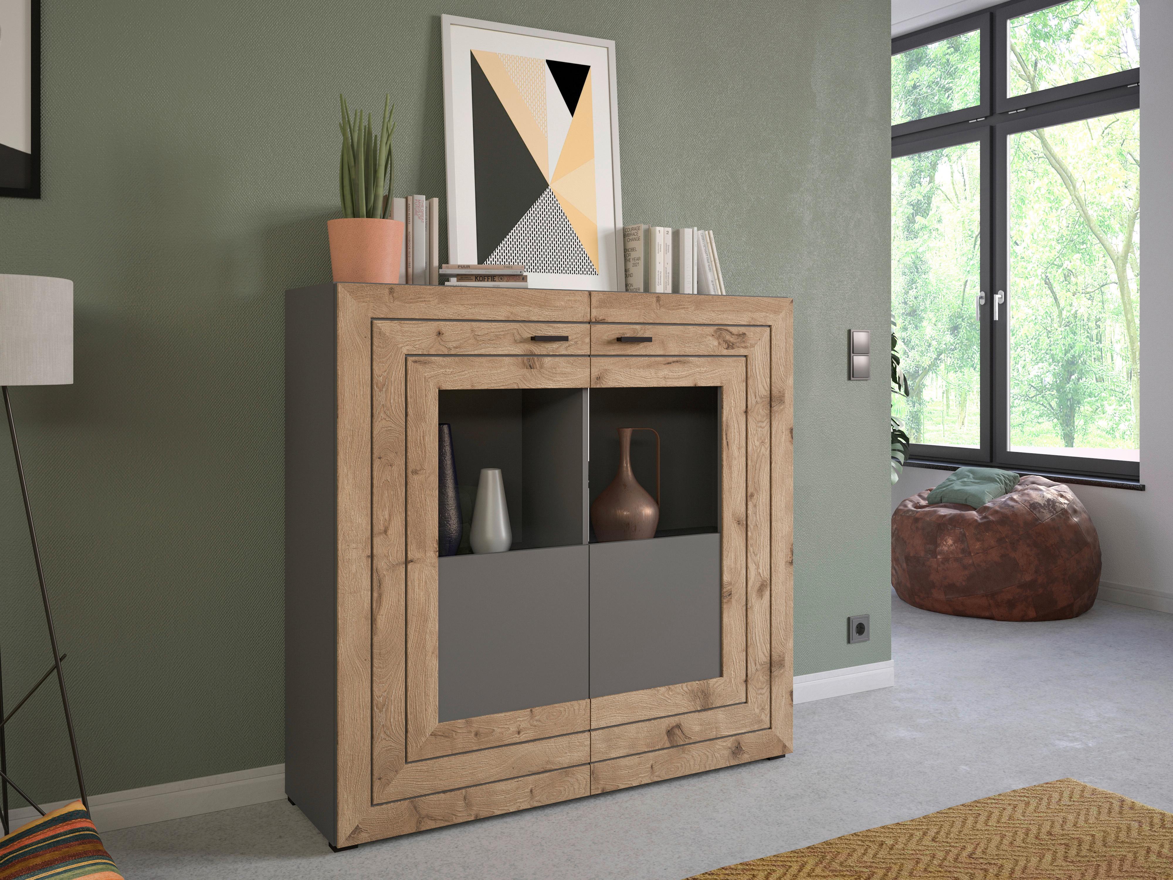 Highboard Freno ca. 120x117 cm Nox Eiche/Grau - KONVENTIONELL, Glas/Holzwerkstoff (120/117/37cm) - MID.YOU
