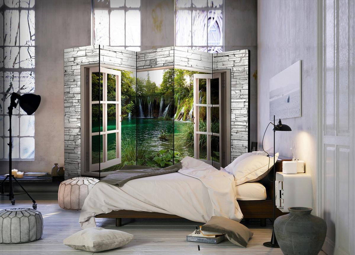 Paravent Green Treasure II Grün/Grauweiß - Grauweiß/Grün, Basics, Holz/Textil (225/172/3cm) - artgeist