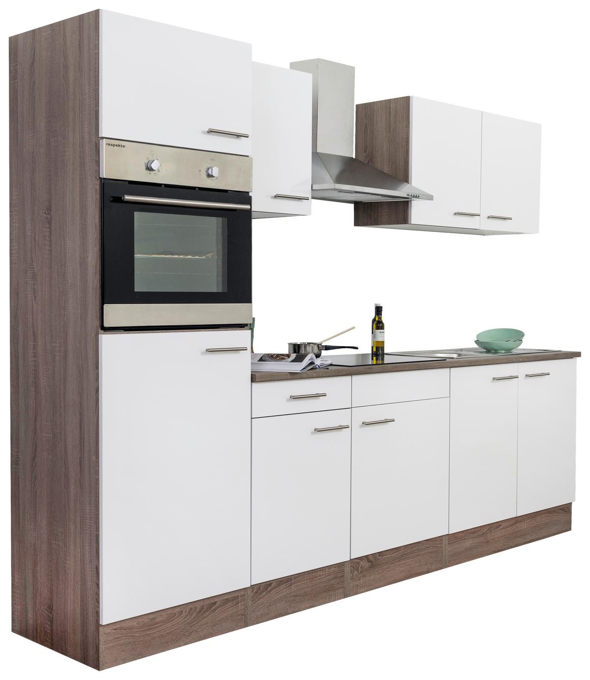 Küchenzeile Economy o. Geräte Weiß/Eiche Dekor B: ca. 270 cm - Edelstahlfarben/Eichefarben, Basics, Holzwerkstoff (270cm) - Respekta