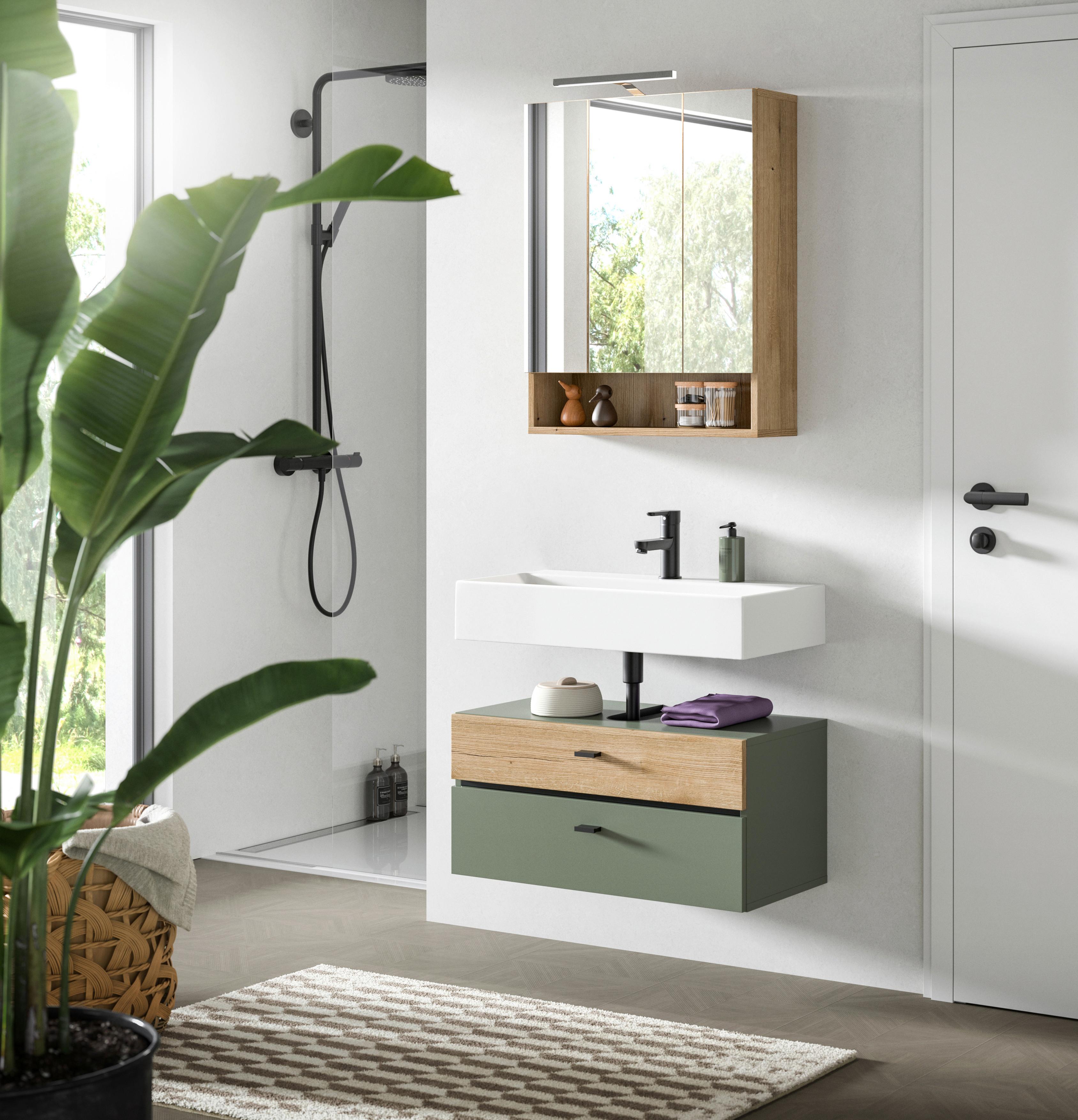 Badezimmer AQUA Grün, Eichefarbn 2-teilig - Eichefarben/Schwarz, Trend, Glas/Holzwerkstoff (75cm) - MID.YOU
