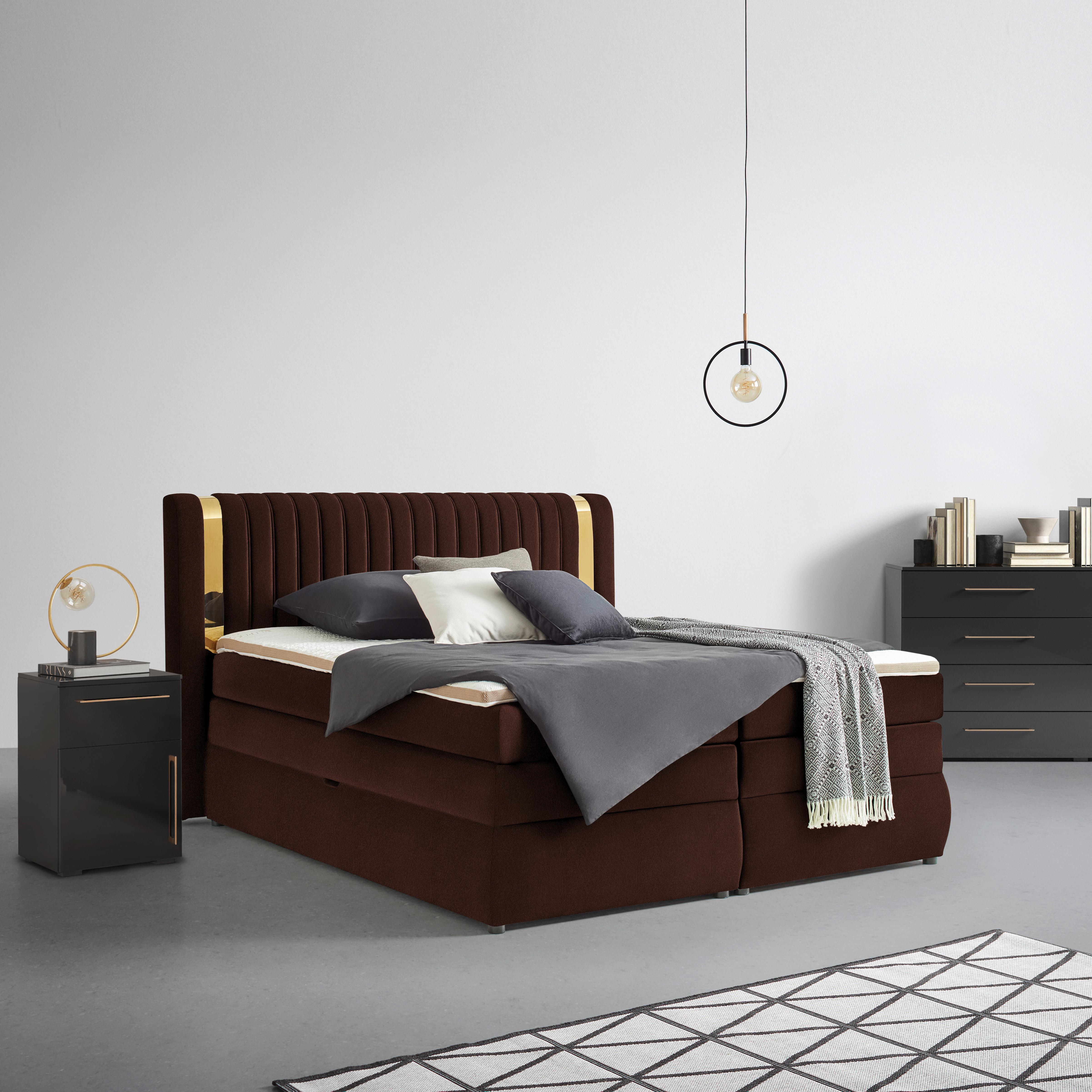 Boxspringbett Minola Gold Haselnussfarben ca. 160x200cm - Haselnussfarben/Schwarz, KONVENTIONELL, Kunststoff/Textil (160/200cm) - Premium Living