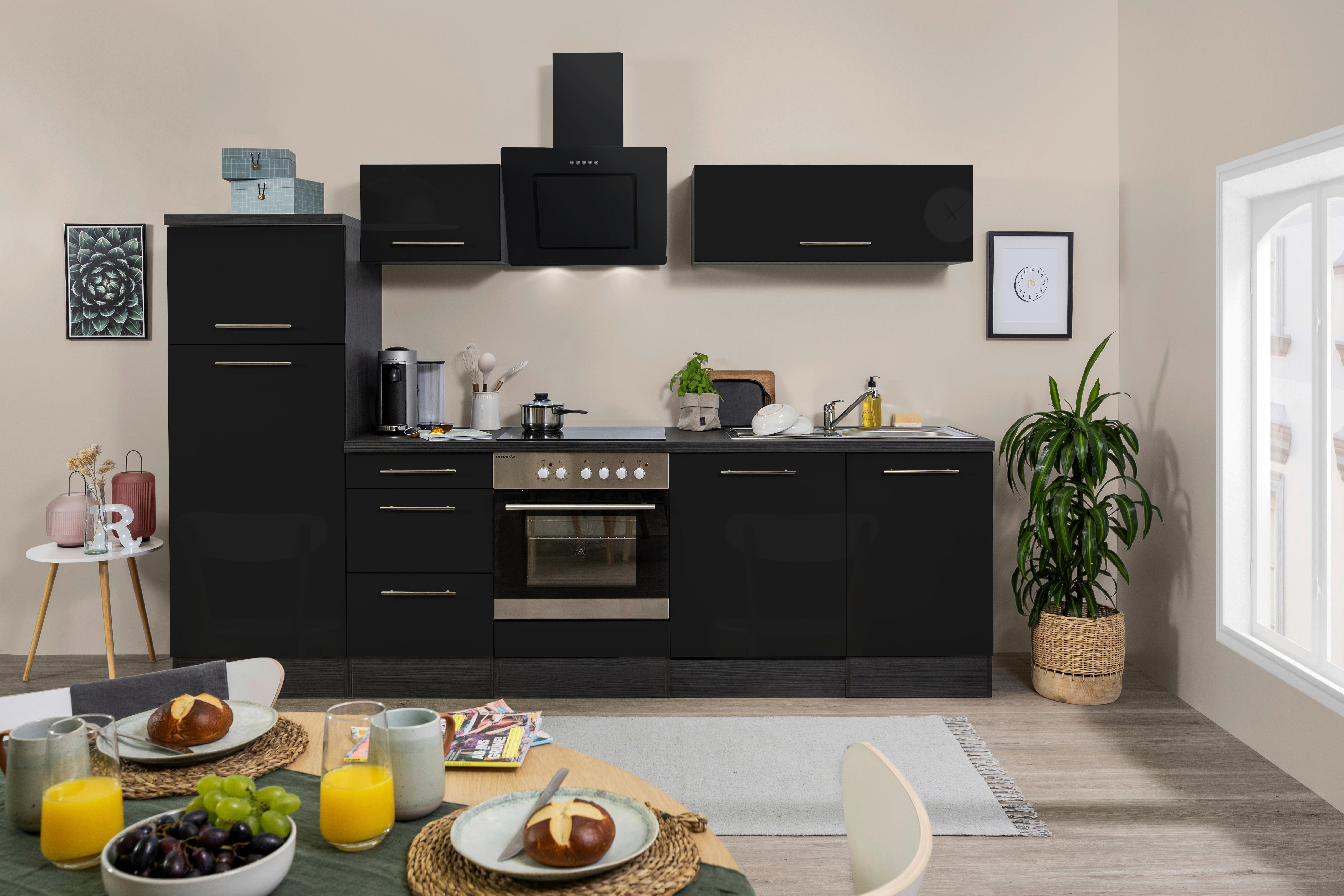 Küchenzeile mit Geräte Schwarz Hochglanz B : ca. 280 cm - Schwarz/Alufarben, KONVENTIONELL, Holzwerkstoff/Metall (280cm) - Respekta