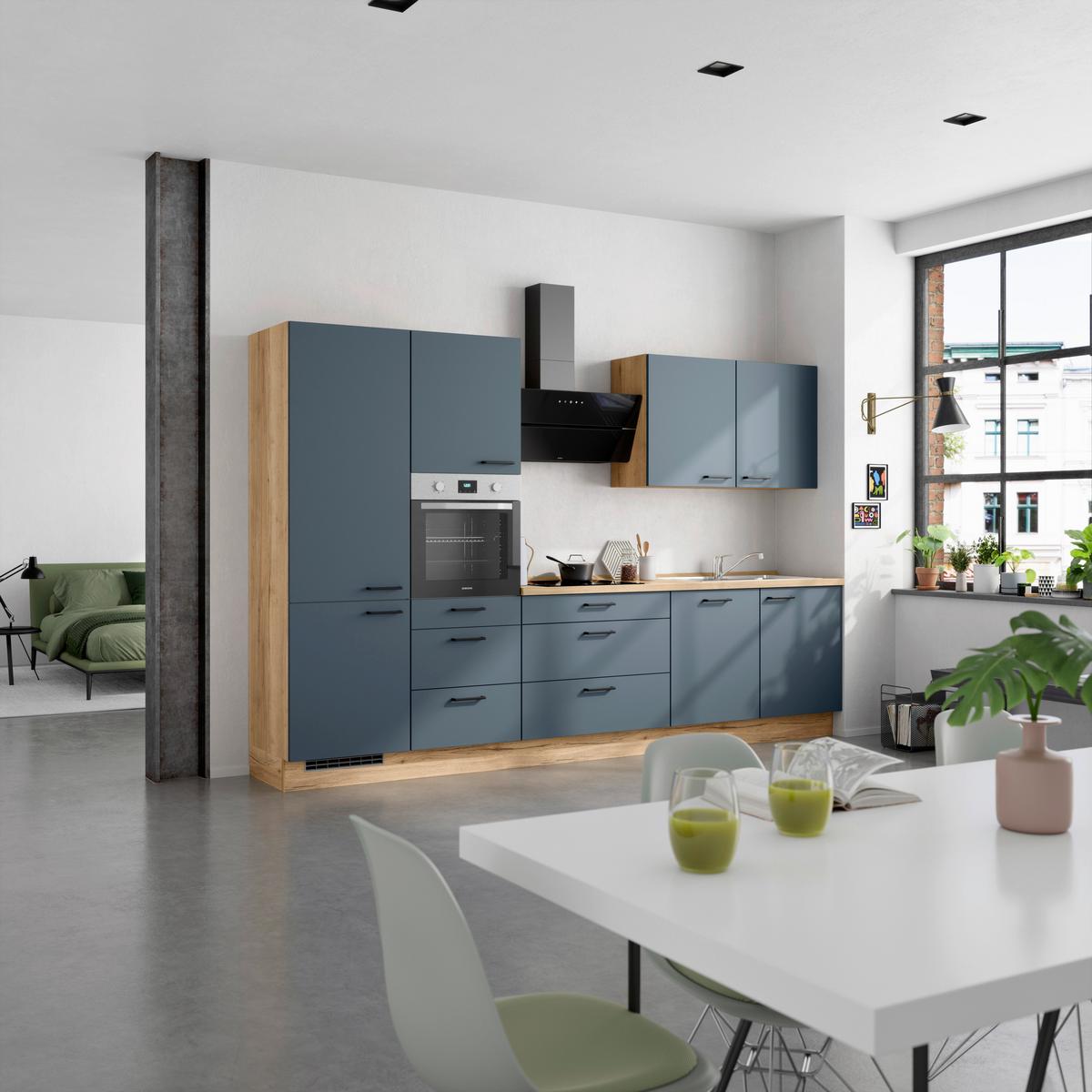 Küchenblock Easytouch High m. Geräten Dunkelblau - Eichefarben/Schwarz, MODERN, Holzwerkstoff/Metall (330cm) - Nobilia