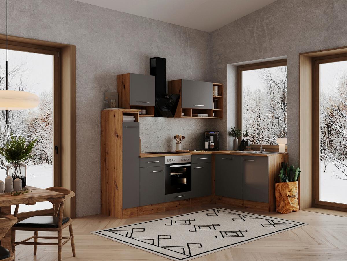 Eckküche m. Geräten ca. 250x172 cm Grau/Wildeiche - Eichefarben/Grau, Basics, Holzwerkstoff/Metall (250/172cm) - Respekta