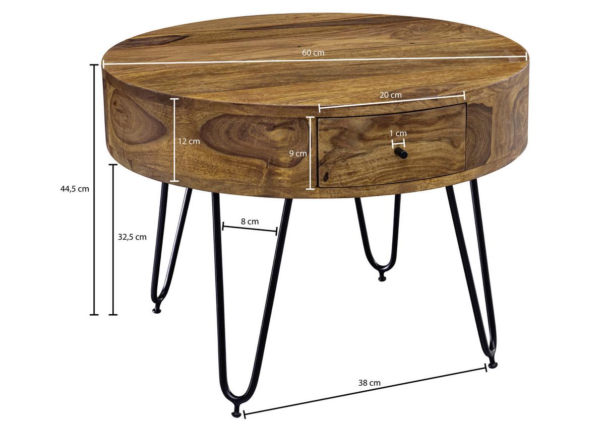 Couchtisch mit Laden ca. 60x44,5 cm Sheesham - Sheeshamfarben/Schwarz, MODERN, Holz/Metall (60/60/44,5cm) - MID.YOU