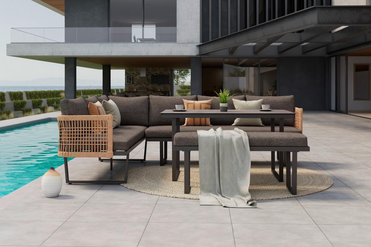 Lounge Garnitura Bologna, Antracit, Rjava, 4-Delno - naravne barve/rjava, Moderno, kovina/umetna masa (256/198cm) - Beldano