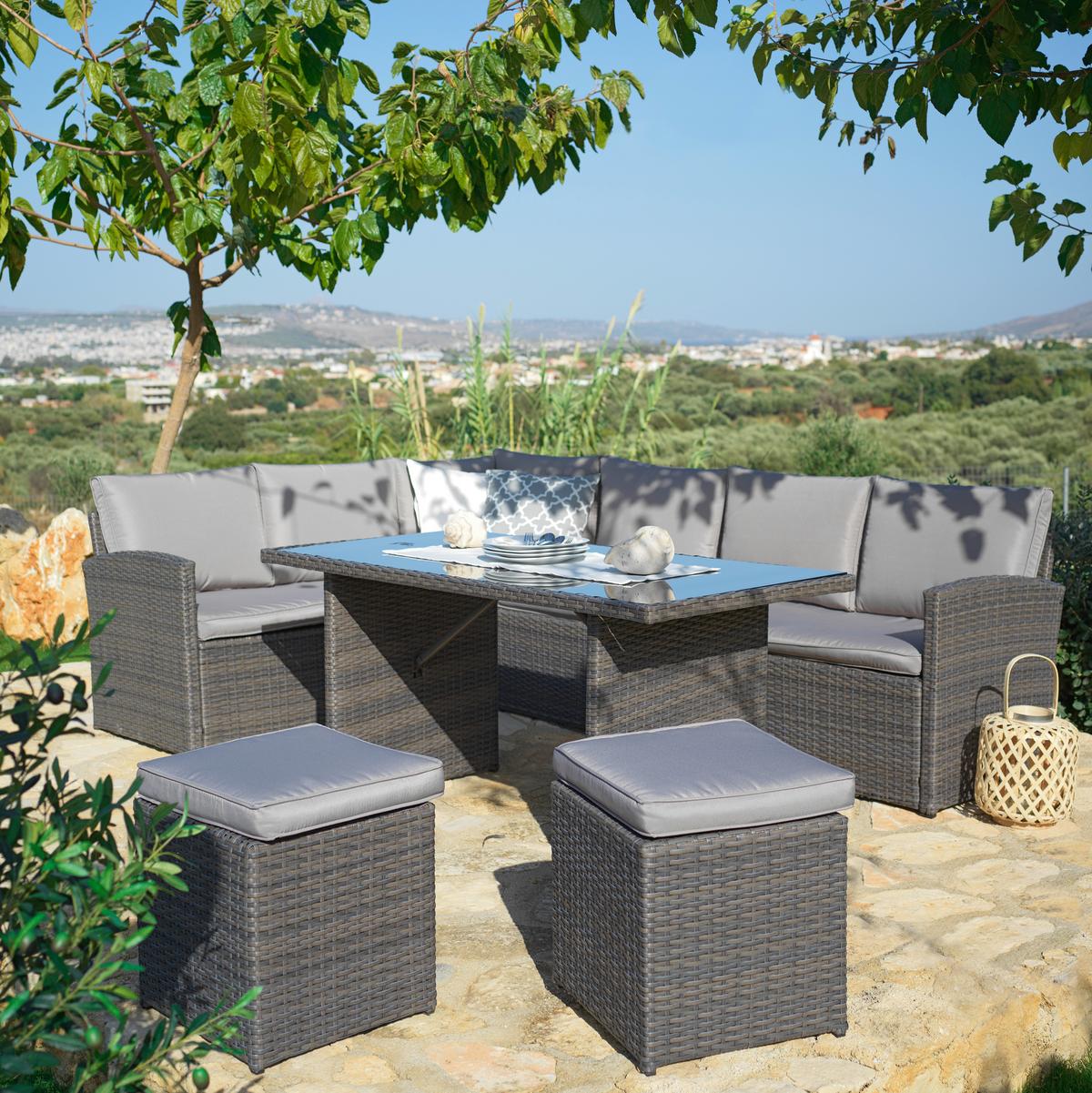 Loungegarnitur-Set Marrakesch 1 Grau aus Kunststoffgeflecht - Hellgrau/Schwarz, Modern, Glas/Kunststoff (181/70/240cm) - Mömax