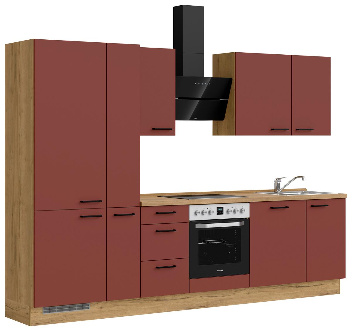 Küchenblock Easytouch High m. Geräten Dunkelrot - Eichefarben/Schwarz, MODERN, Holzwerkstoff/Metall (300cm) - Nobilia