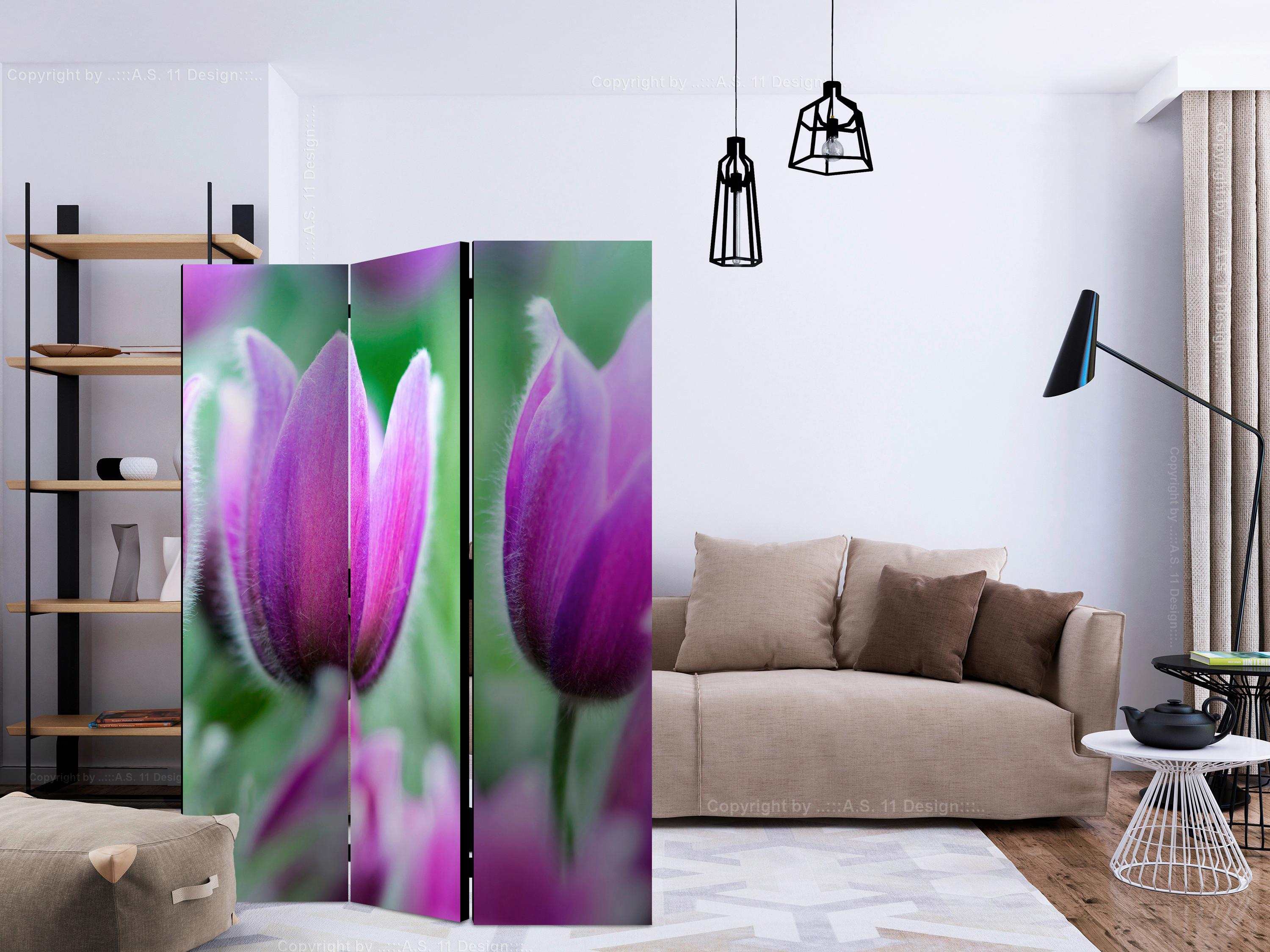 Paravan Purple Spring Tulips, 3-Delni, Dvostranski - vijolična/zelena, Basics, tekstil/les (135/172/3cm) - artgeist