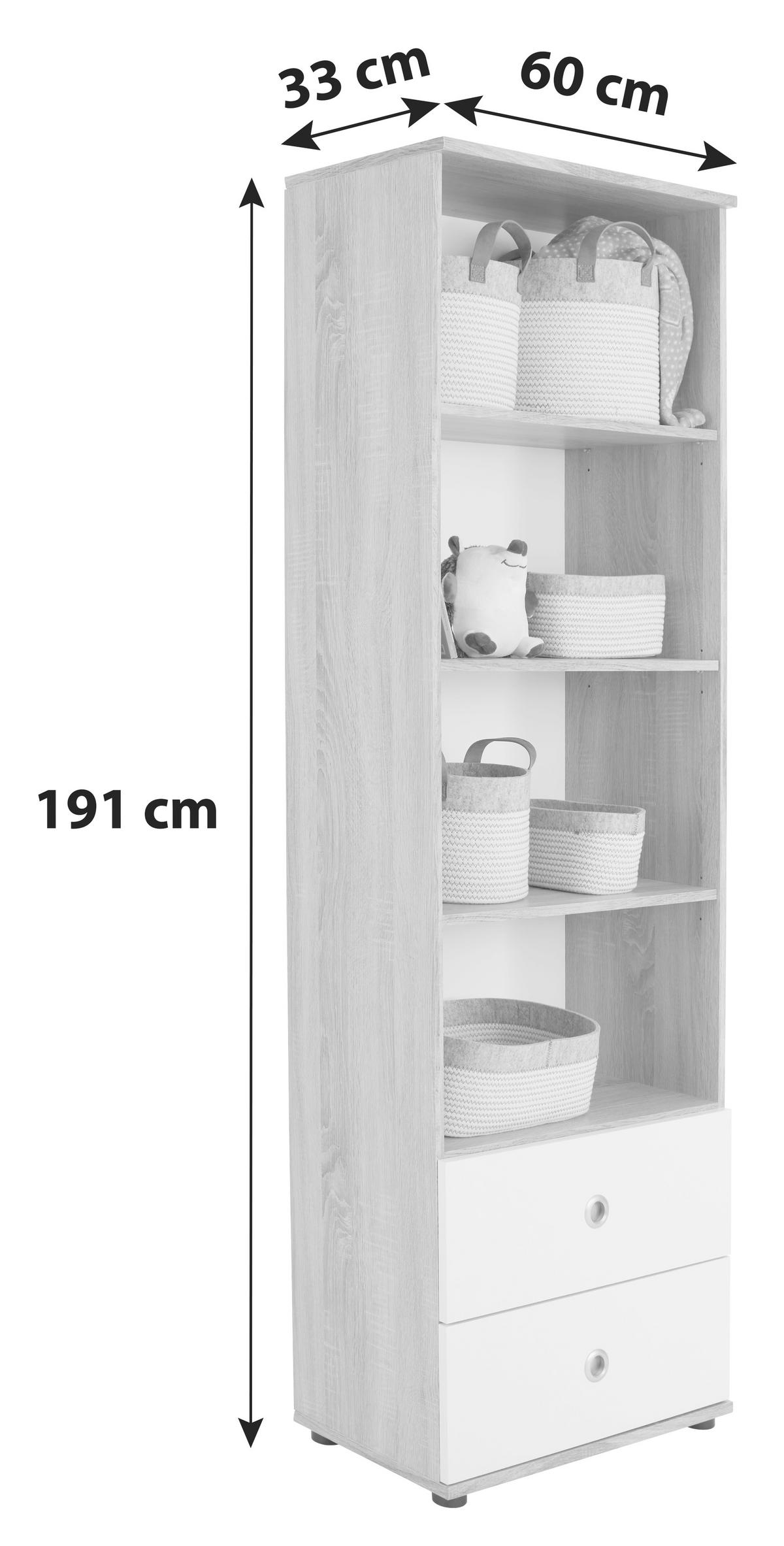 Regal Wiki Baby - bijela/hrast Sonoma, Konvencionalno, drvni materijal/plastika (60/191/33cm) - Bessagi Kids