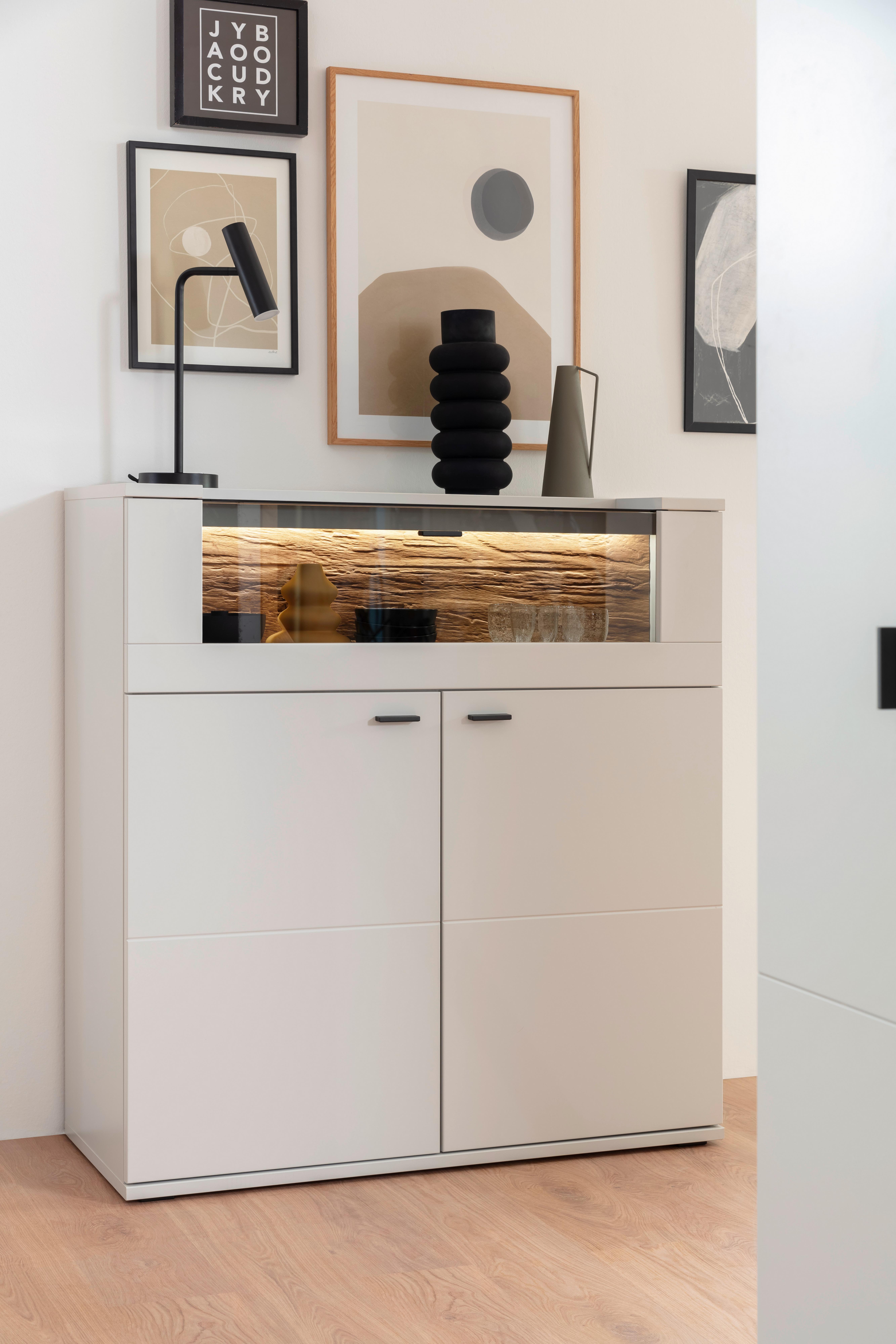 KOMODA WYSOKA LISSABON - kolor dębowy/antracytowy, Design, materiał drewnopochodny/metal (110/118/44cm) - Stylife
