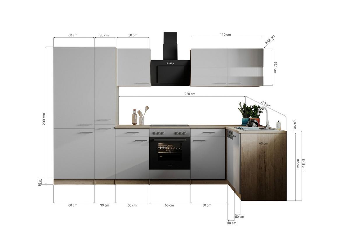 Eckküche Merle m. Geräten ca. 310x172cm Schwarz - Edelstahlfarben/Eichefarben, Basics, Holzwerkstoff/Metall (310/172cm) - Respekta