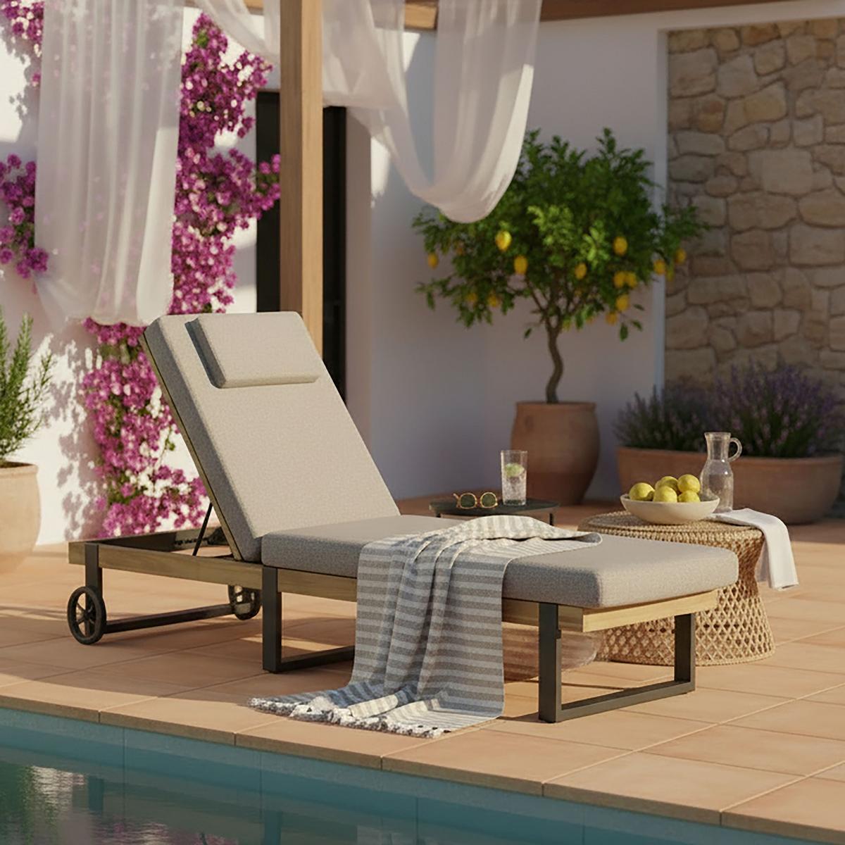 Gartenliege Elenyi grau Metall/Outdoorstoff/Holz - Grau, MODERN, Holz/Textil (65/95/200cm) - Bessagi Garden