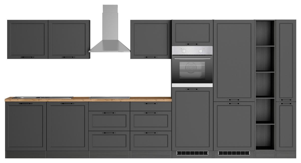 Küchenzeile Meran mit Geräten ca. 420 cm Grau/Eiche Dekor - Eiche Wotan/Schwarz, LIFESTYLE, Holzwerkstoff/Metall (420cm) - Held