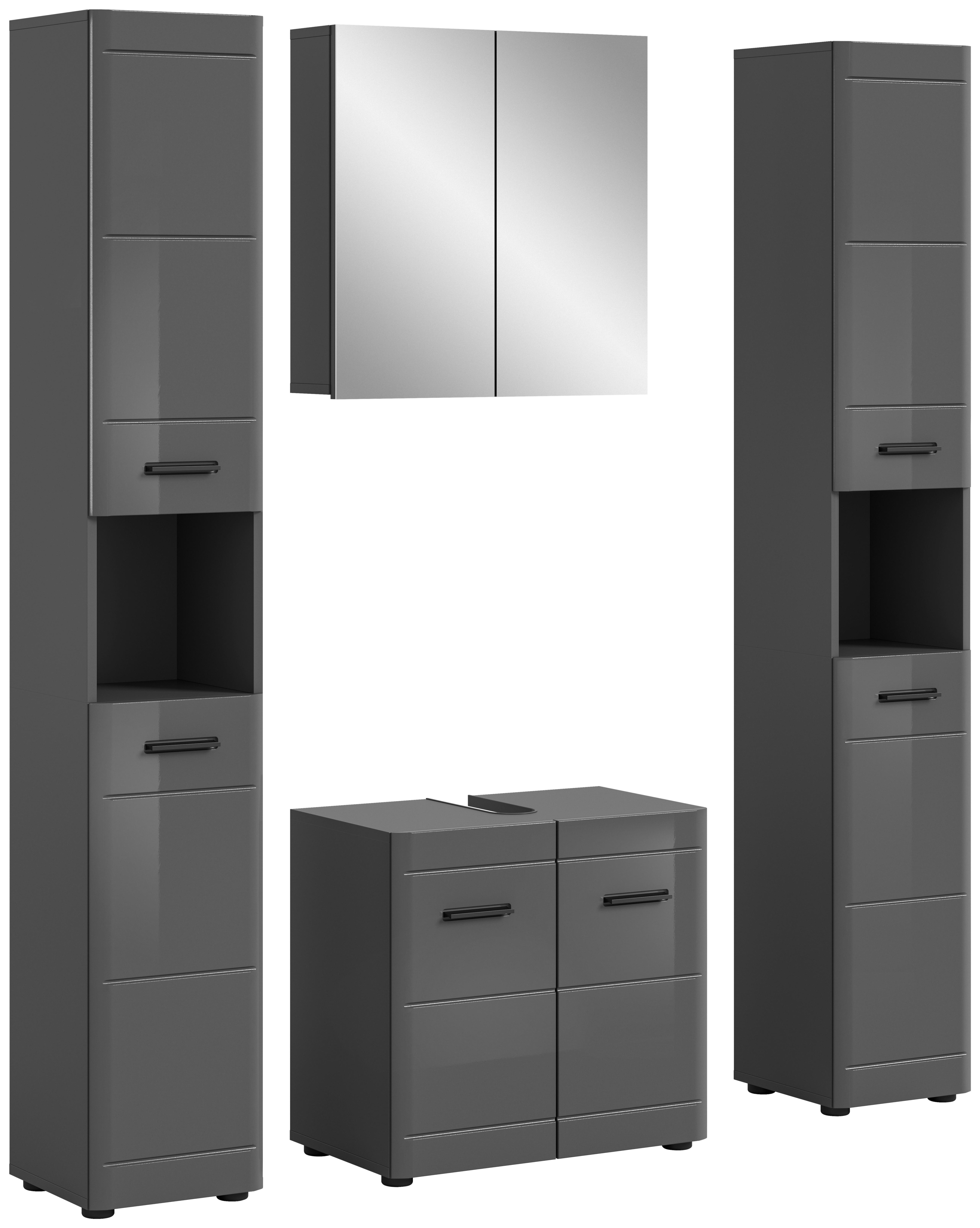 Badezimmer Soft 4-tlg. ca. 120 cm Grau hochglanz - Grau Hochglanz/Schwarz, MODERN, Holzwerkstoff/Kunststoff (120cm) - MID.YOU