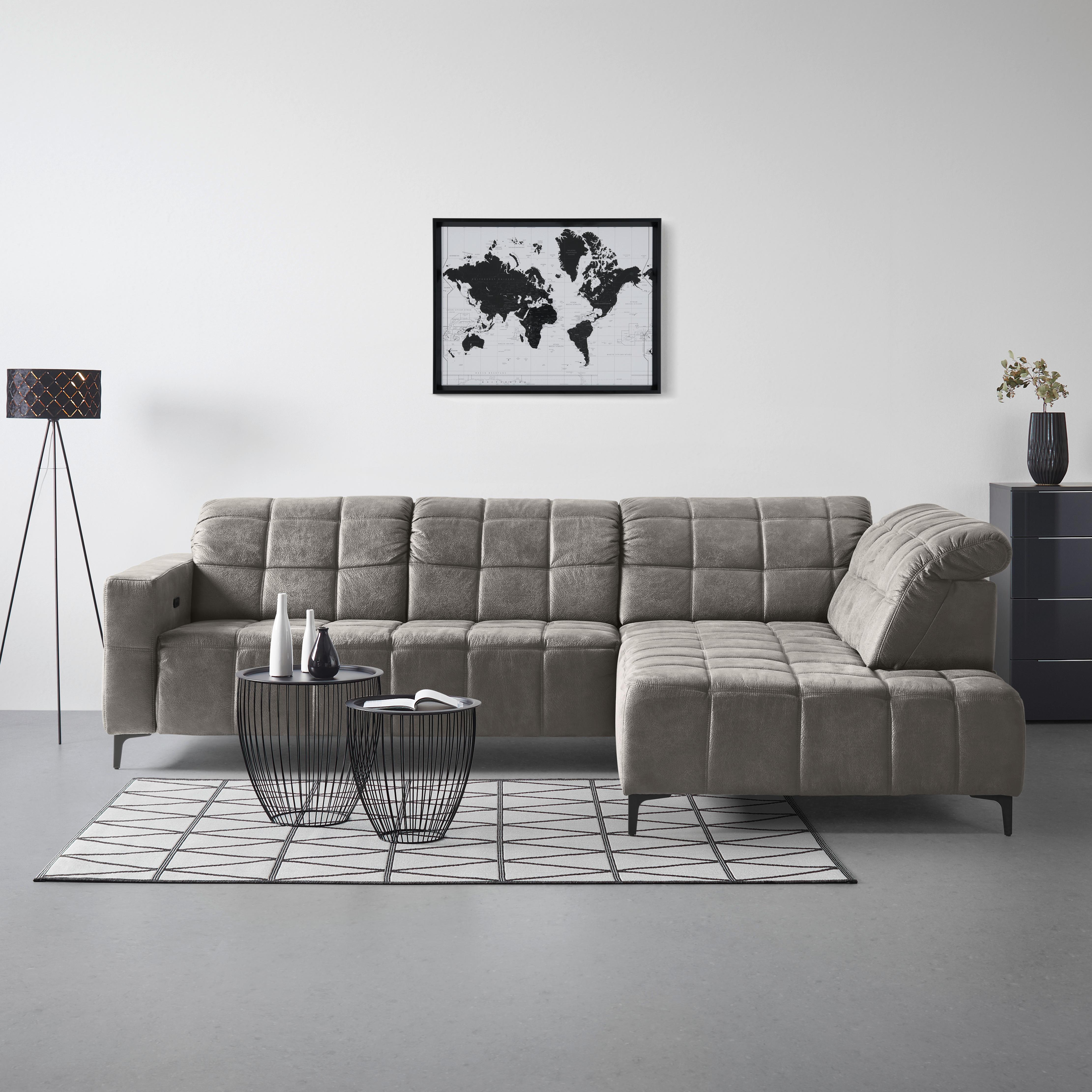 Ecksofa Panama rechts Greige - Greige/Schwarz, KONVENTIONELL, Textil/Metall (304/89-102/216cm) - Premium Living