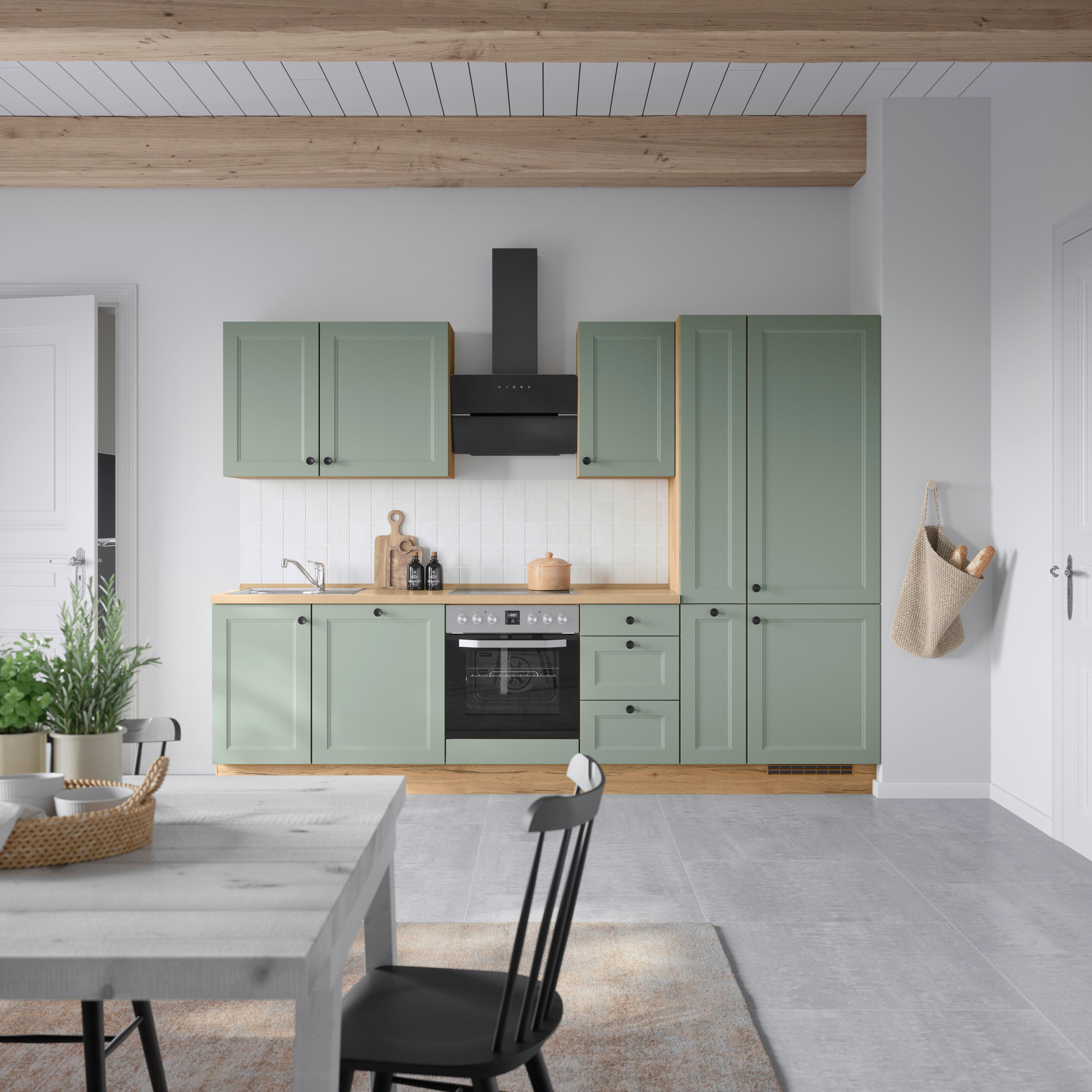 Küchenblock Cascada High m. Geräten Schilfgrün - Schilfgrün/Eichefarben, MODERN, Holzwerkstoff/Metall (300cm) - Nobilia