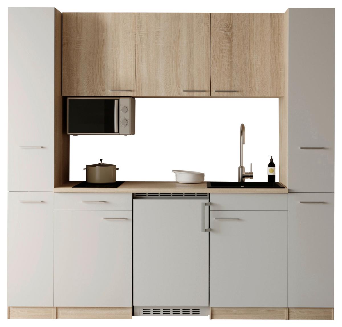 Küchenblock Ingrid m. Geräten Weiß - Eichefarben/Alufarben, Design, Holzwerkstoff/Kunststoff (210cm) - Respekta