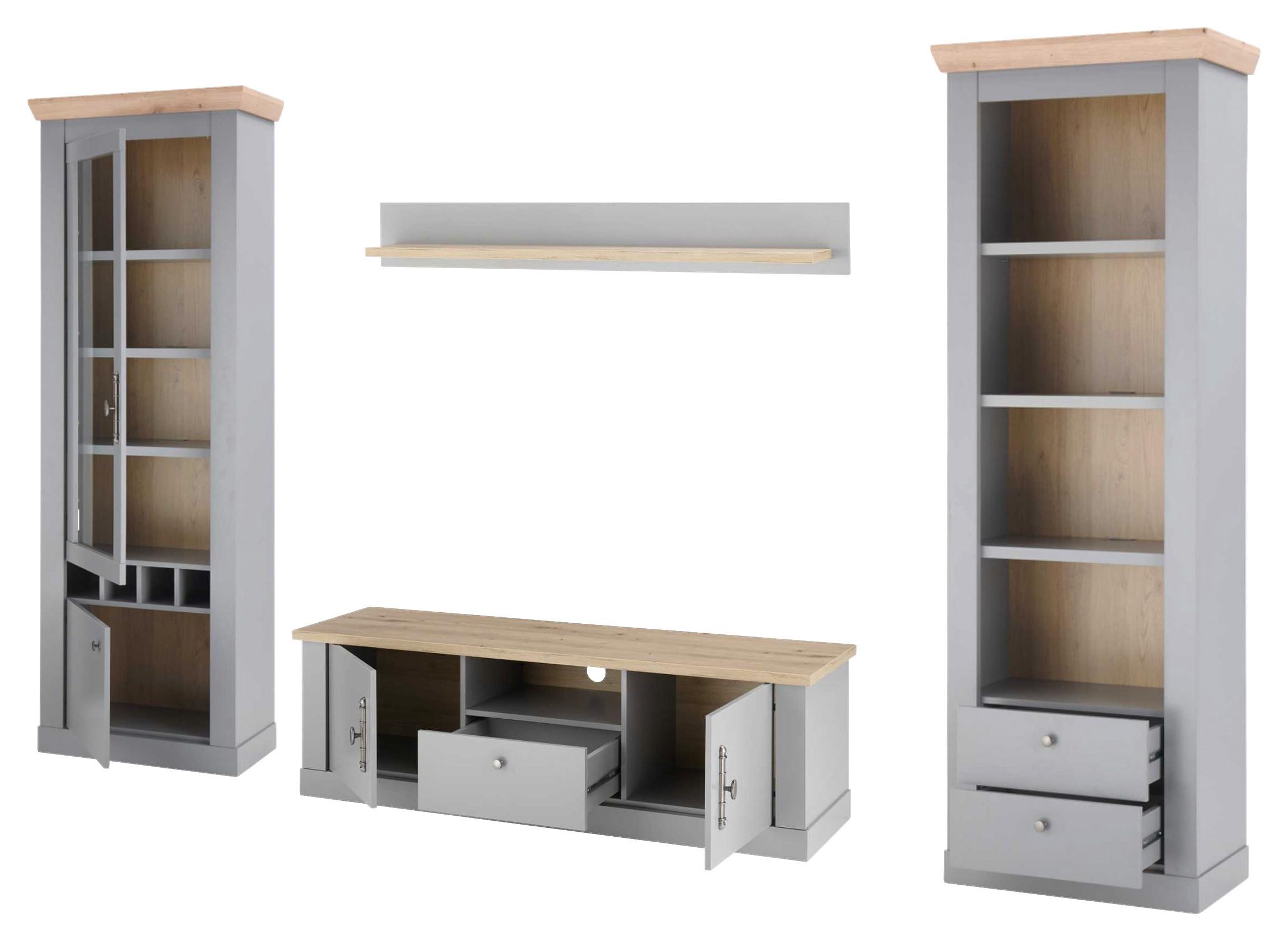 Wohnwand Chambord Eichefarben/Hellgrau - Eichefarben/Silberfarben, Design, Holzwerkstoff/Metall (317/201/44cm) - MID.YOU