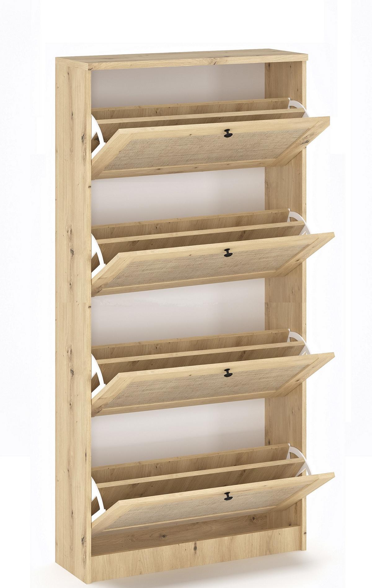 Billenős Cipősszekrény 4 Ajtós Rattan - fekete, Konventionell, faalapú anyag/fém (60/166/26,8cm)