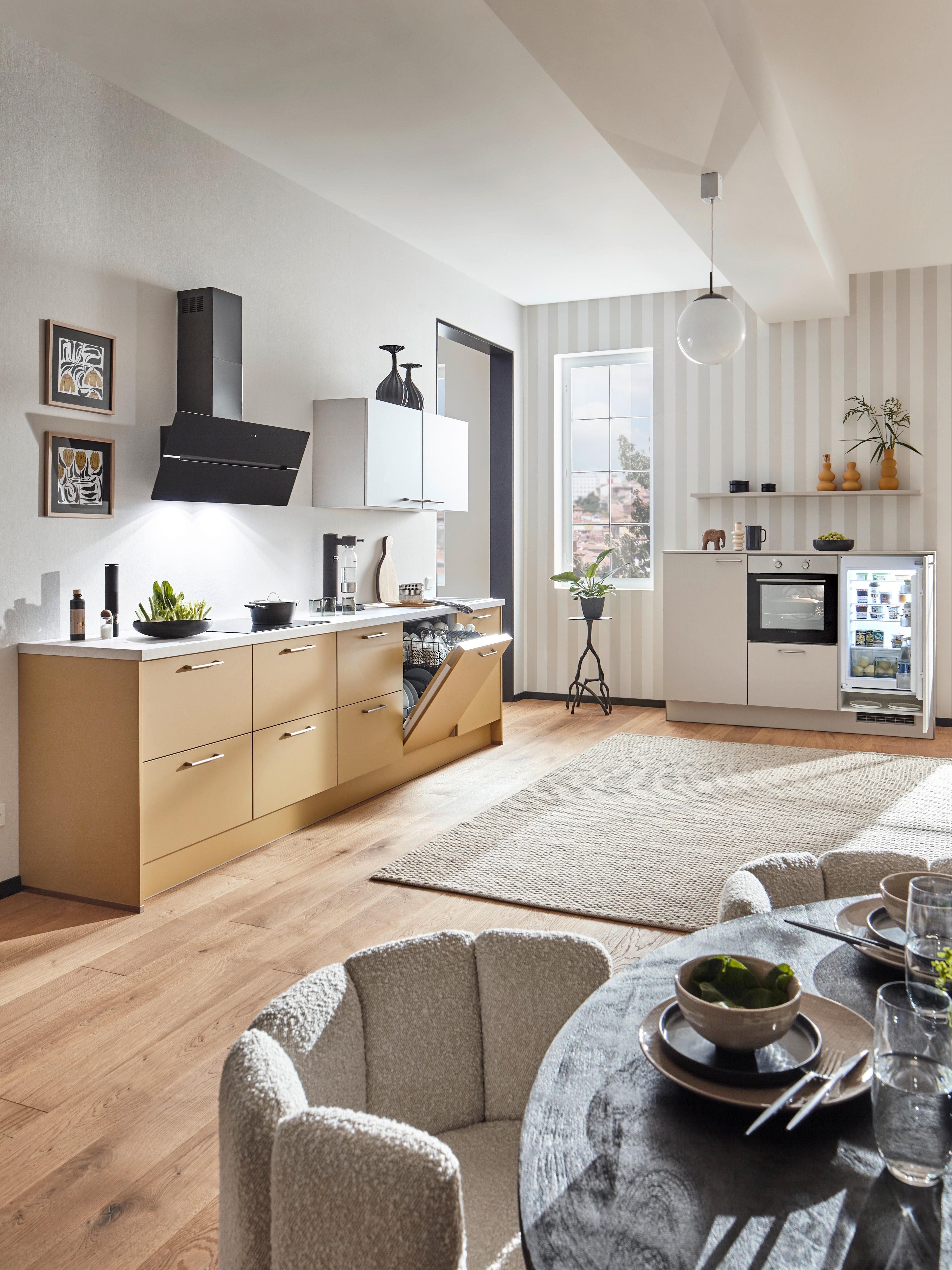 Einbauküche PN105/80 inkl. Geräteset 4-teilig - Edelstahlfarben/Beige, MODERN, Holzwerkstoff (180/303cm) - Pino