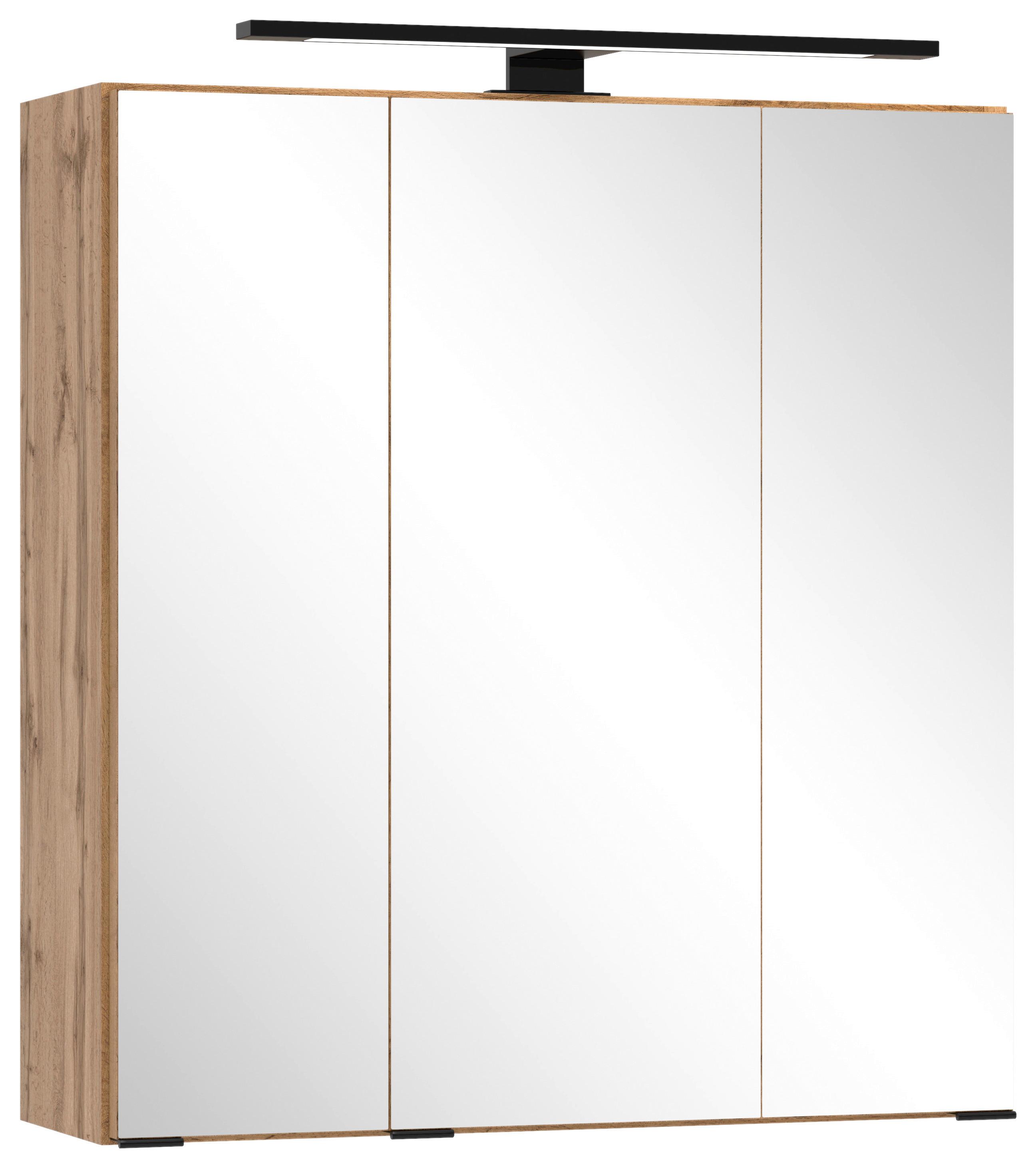 Spiegelschrank Chester mit LED 3-türig ca. 60x68 cm Eiche - Eiche Wotan/Schwarz, MODERN, Glas/Holzwerkstoff (60/67,5/20cm) - Held