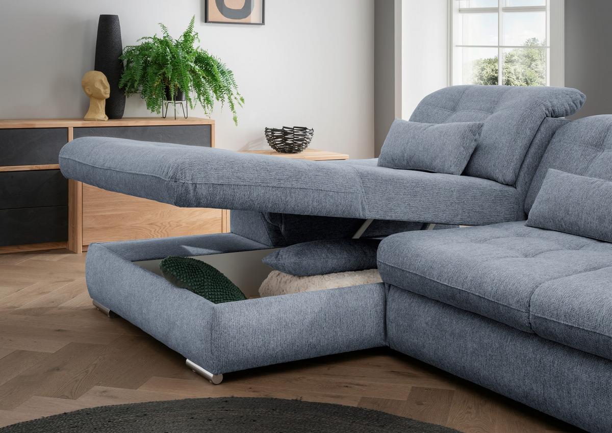 Ecksofa Rigatti mit Bettkasten ca. 184x314 cm Hellblau - Chromfarben/Anthrazit, MODERN, Textil/Metall (184/314cm) - Livetastic
