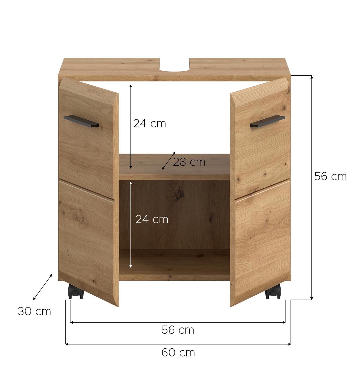 Waschbeckenunterschrank Ice Eiche Artisan - Schwarz/Eiche Artisan, Trend, Holzwerkstoff/Kunststoff (60/58/30cm) - MID.YOU