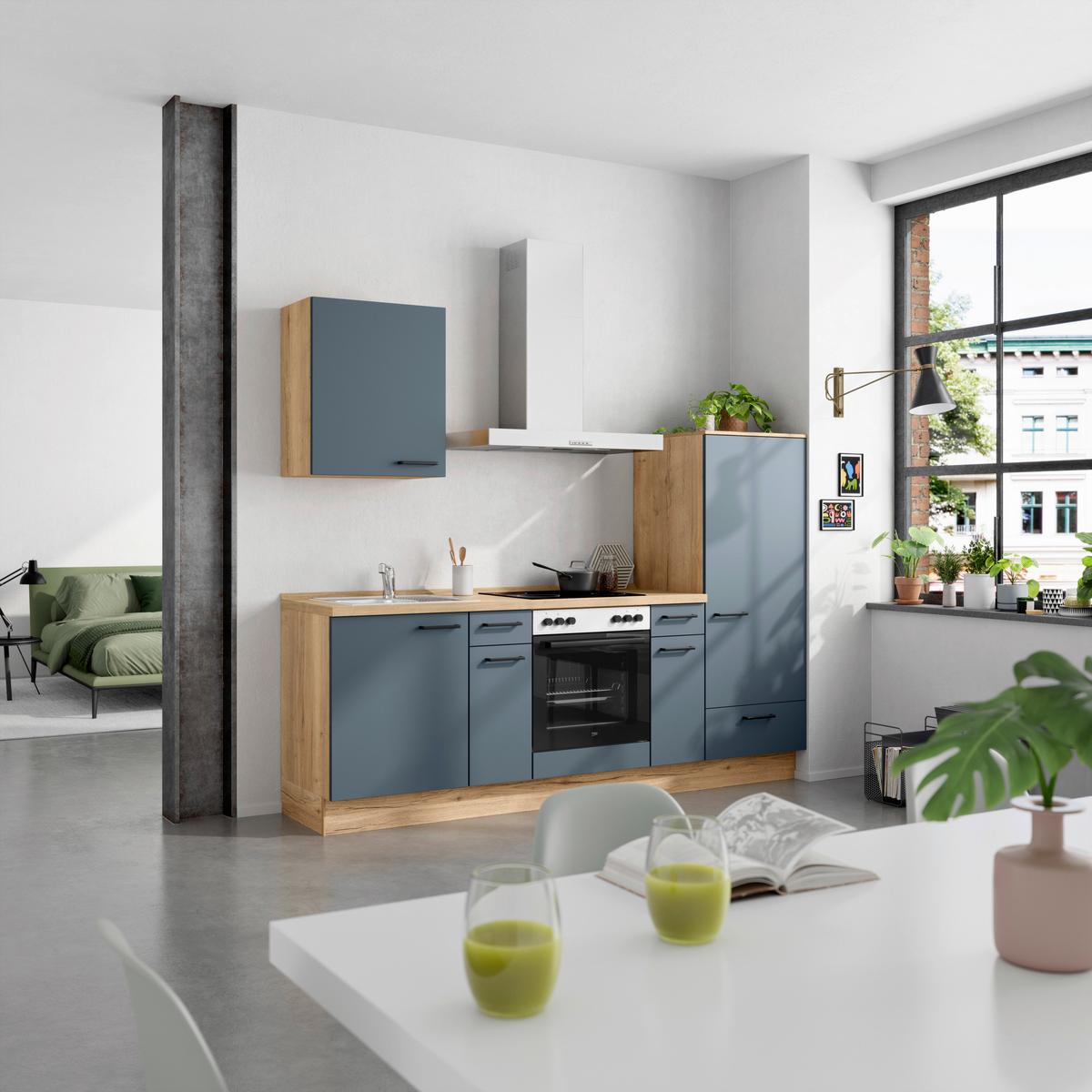 Küchenblock Easytouch Low m. Geräten Blau - Blau/Eichefarben, MODERN, Holzwerkstoff/Metall (240cm) - Nobilia