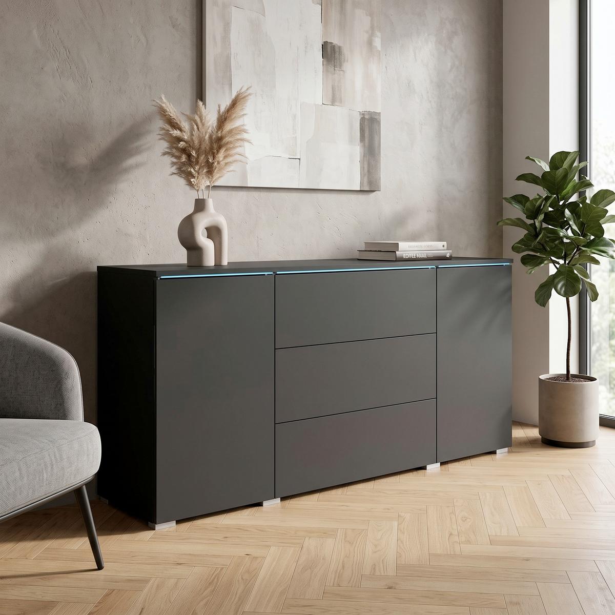 Sideboard Vera mit LED ca. 150 cm Graphitfarben - Schwarz/Graphitfarben, Basics, Holzwerkstoff/Kunststoff (150/67,9/39,5cm) - P & B