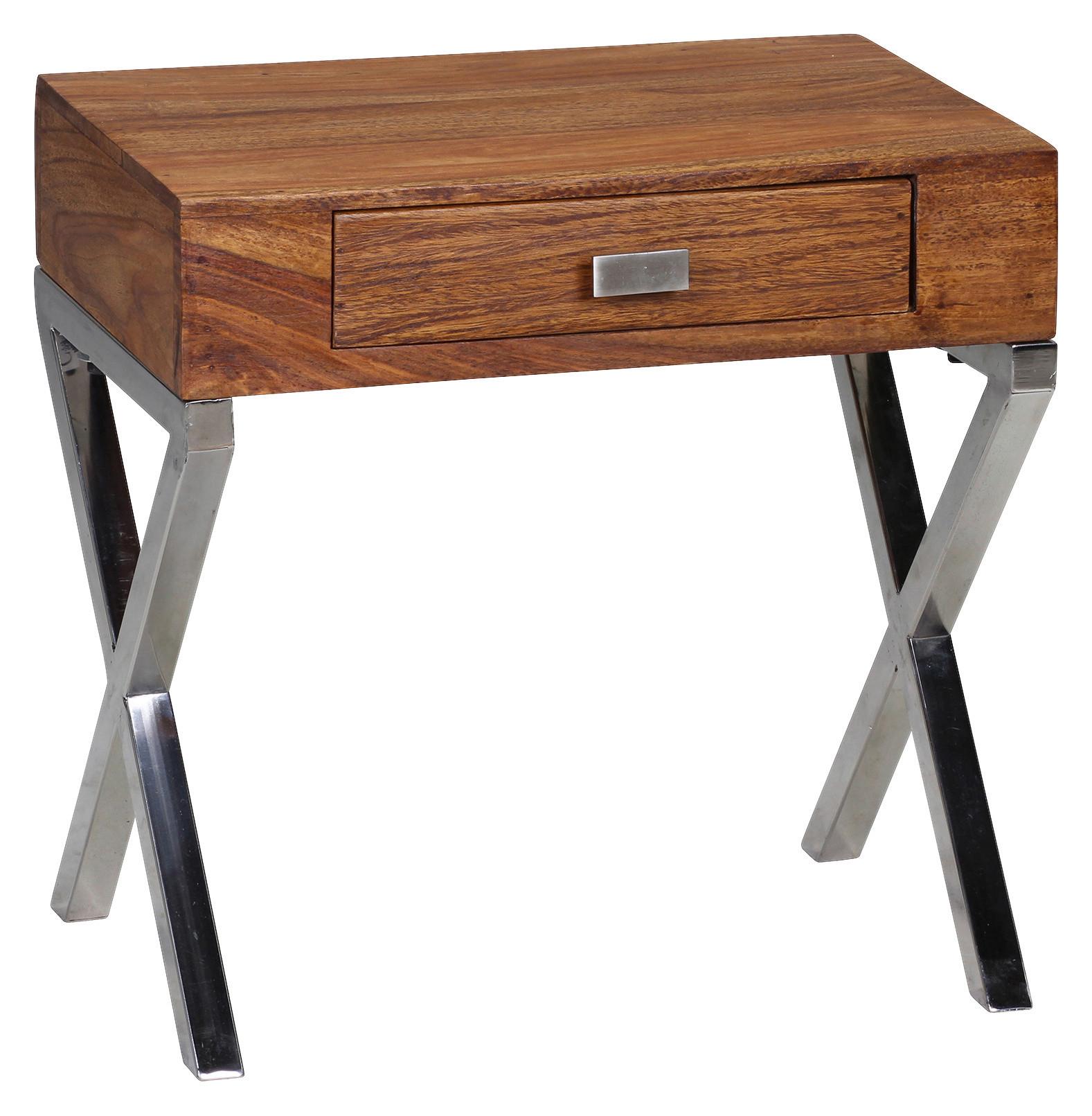 Nachtkästchen "Guna", aus Sheesham - Chromfarben/Sheeshamfarben, MODERN, Holz/Metall (45/45/50cm) - MID.YOU