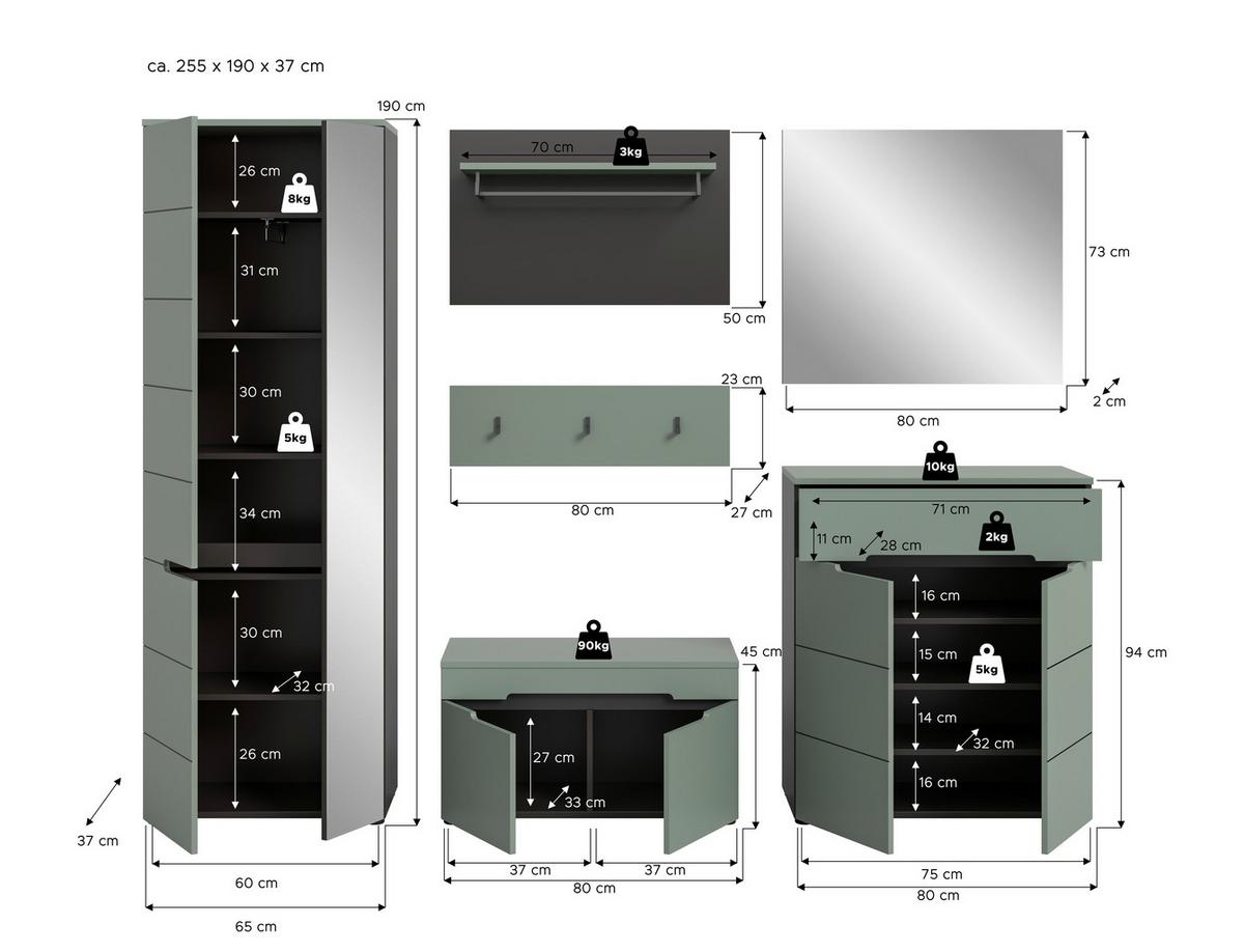 Predsoba Canu, Sivozelena, 5-Delna - siva/sivozelena, Design, leseni material (255/190/37cm) - Livetastic