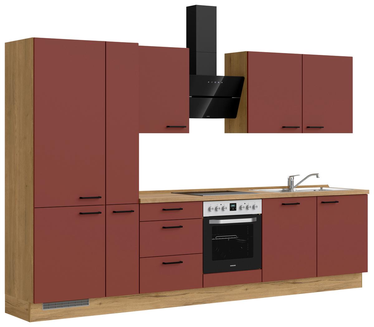 Küchenblock Easytouch High m. Geräten Dunkelrot - Eichefarben/Schwarz, MODERN, Holzwerkstoff/Metall (330cm) - Nobilia