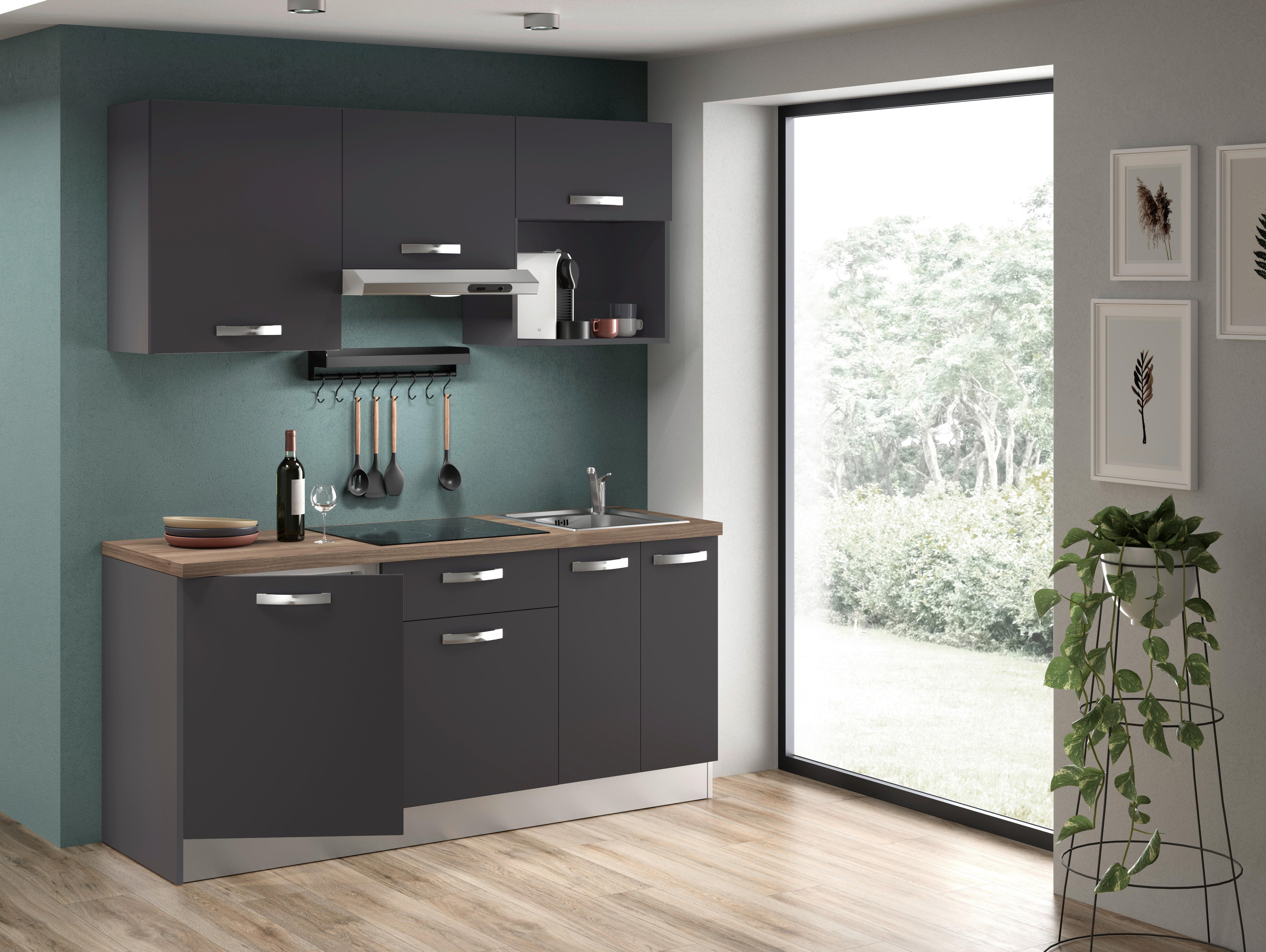Küchenblock mit Kühlschrank ca. 180cm Anthrazit - Honigeiche/Edelstahlfarben, LIFESTYLE, Holzwerkstoff/Kunststoff (180cm) - MID.YOU